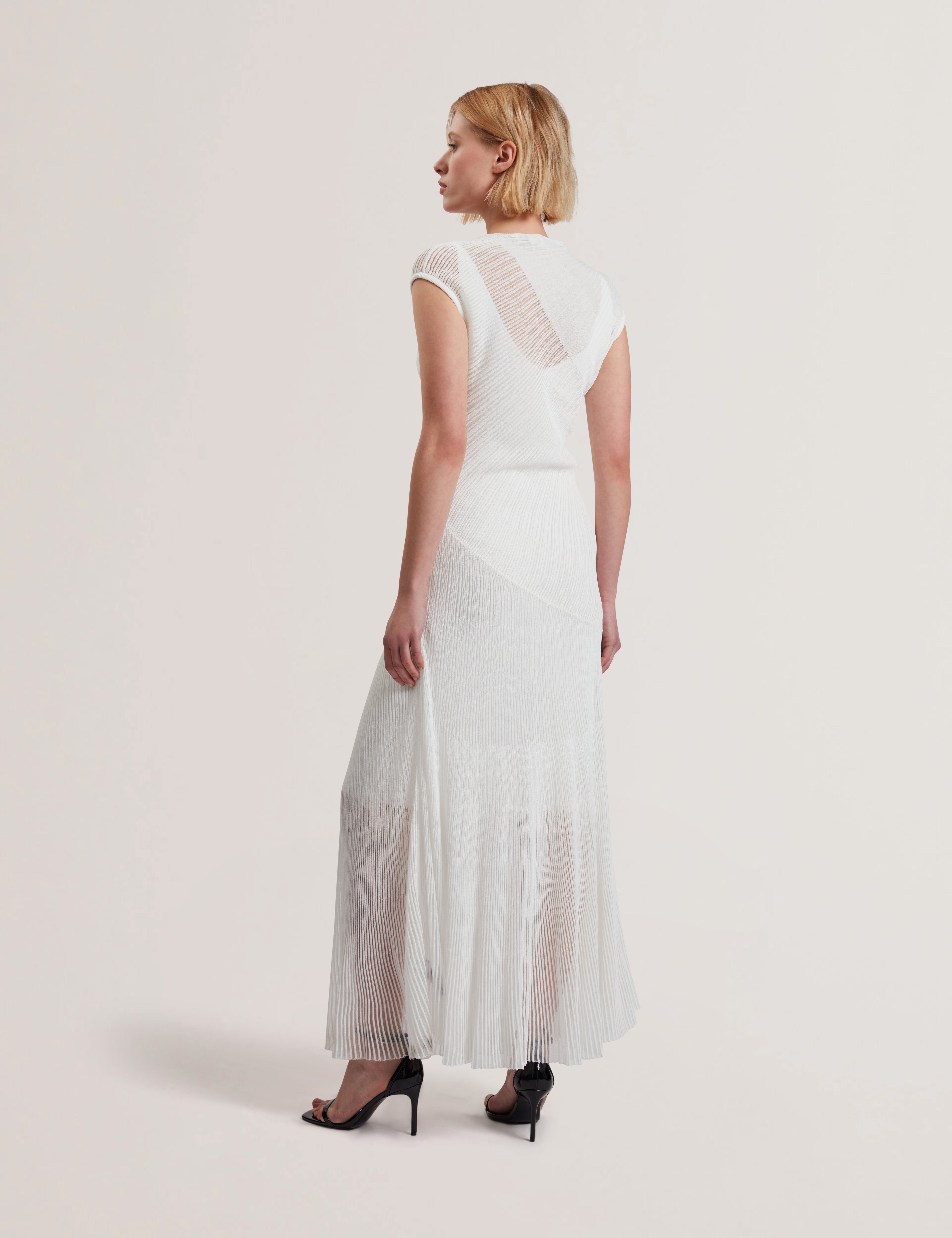 Celyina Engineered Sheer Detail Knitted Midi Dress White