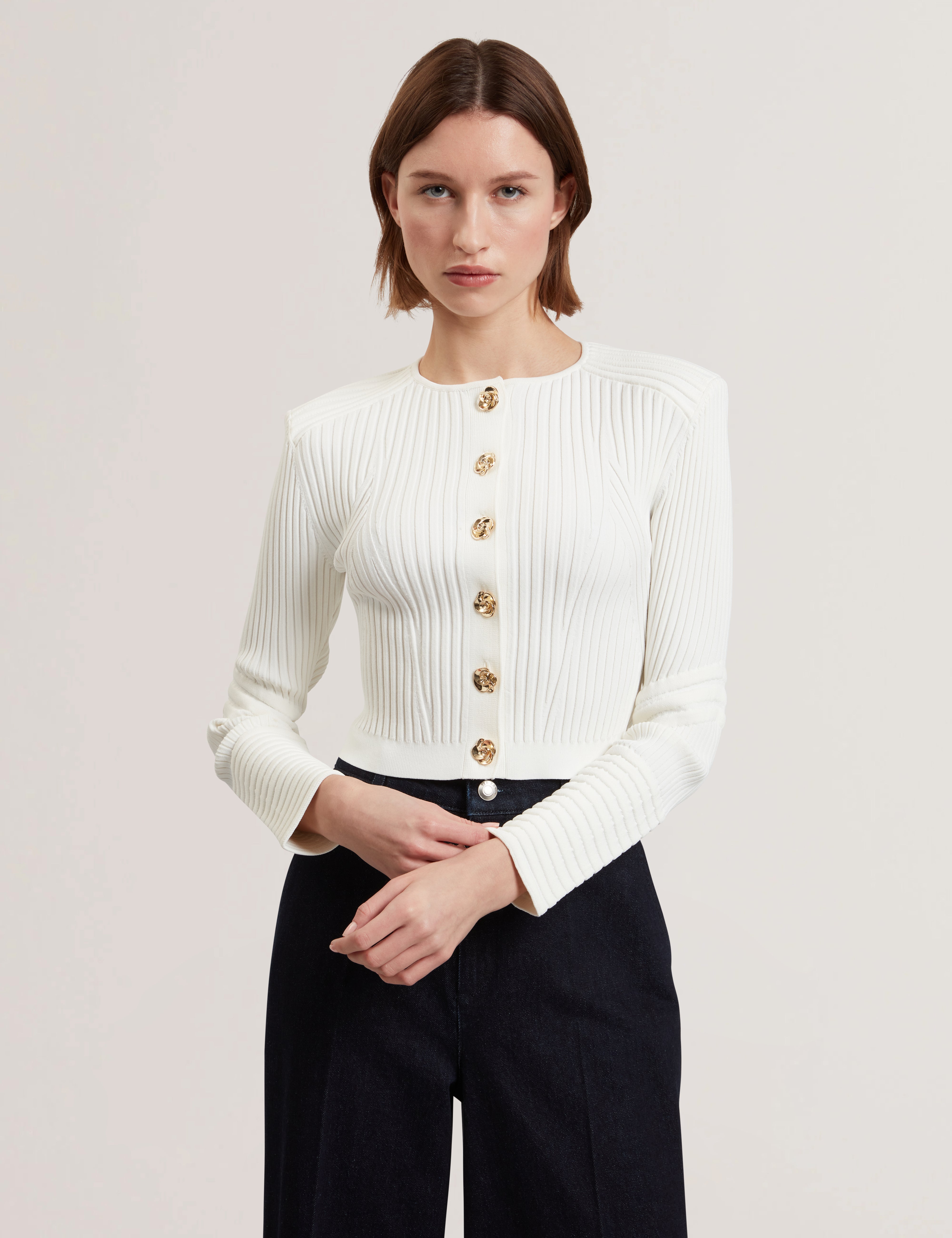 Dayyzi Rib Knit Biker Detail Cardigan Ivory