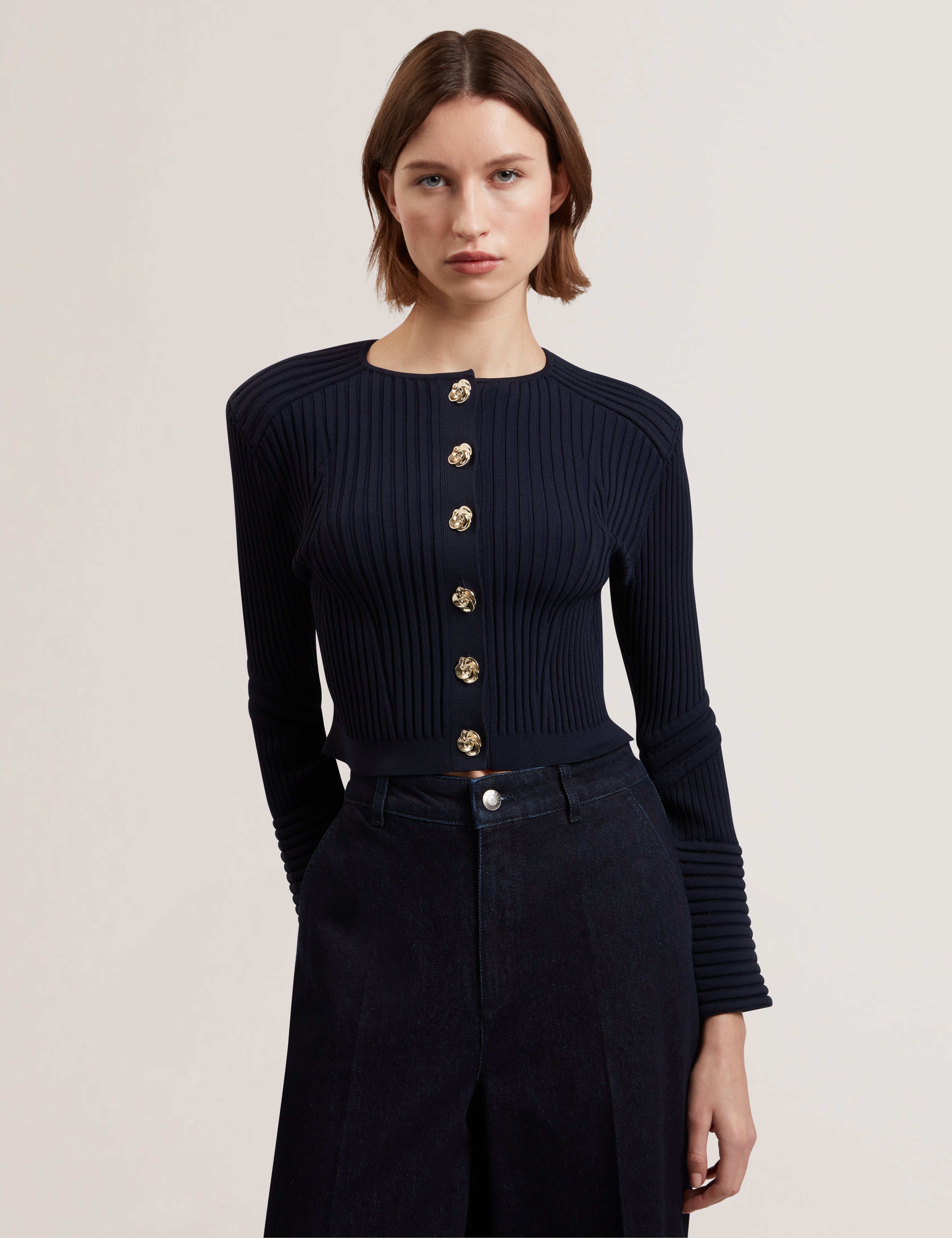 Dayyzi Rib Knit Biker Detail Cardigan Navy