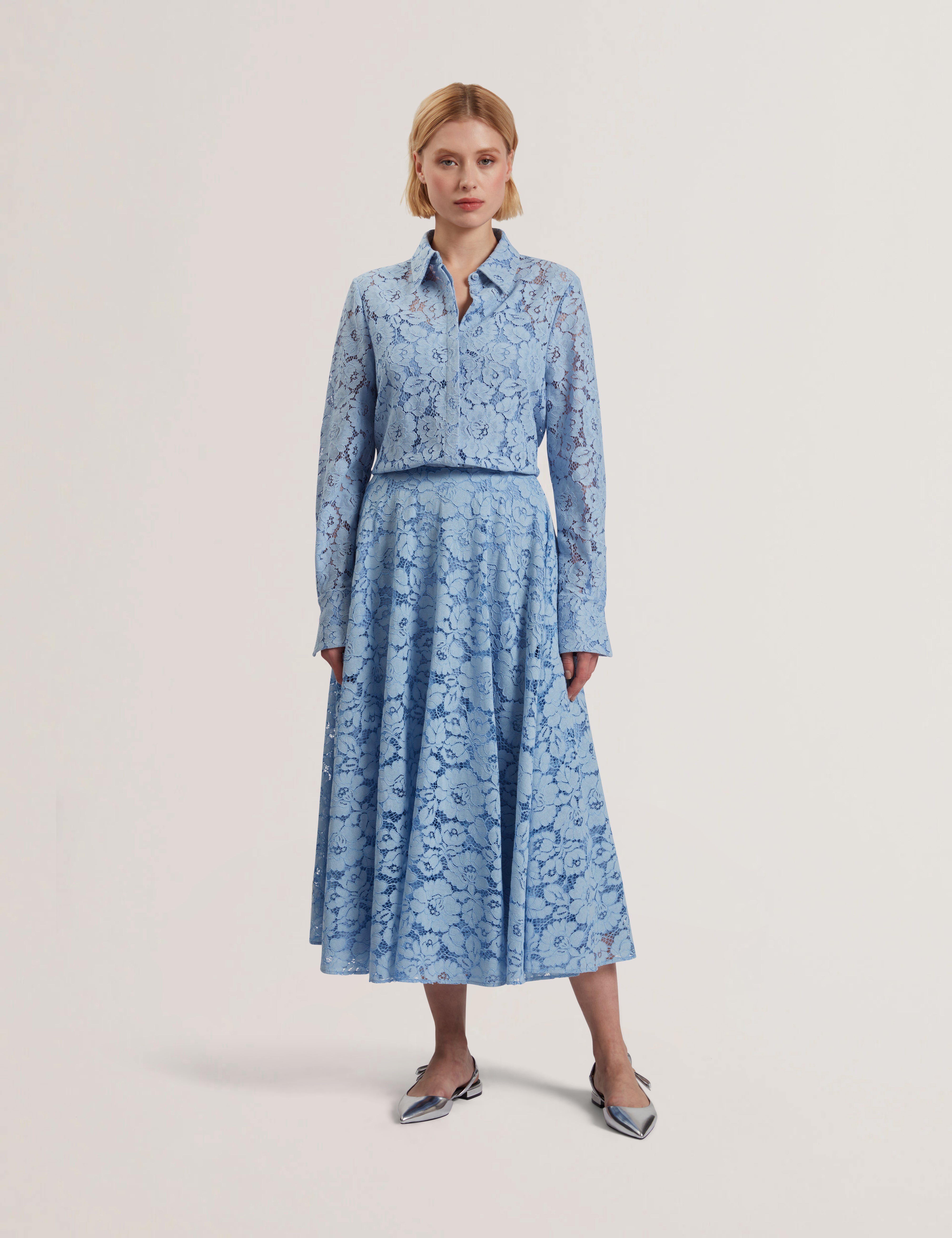 Demiee Bonded Lace Pleated Midi Skirt Lt-Blue