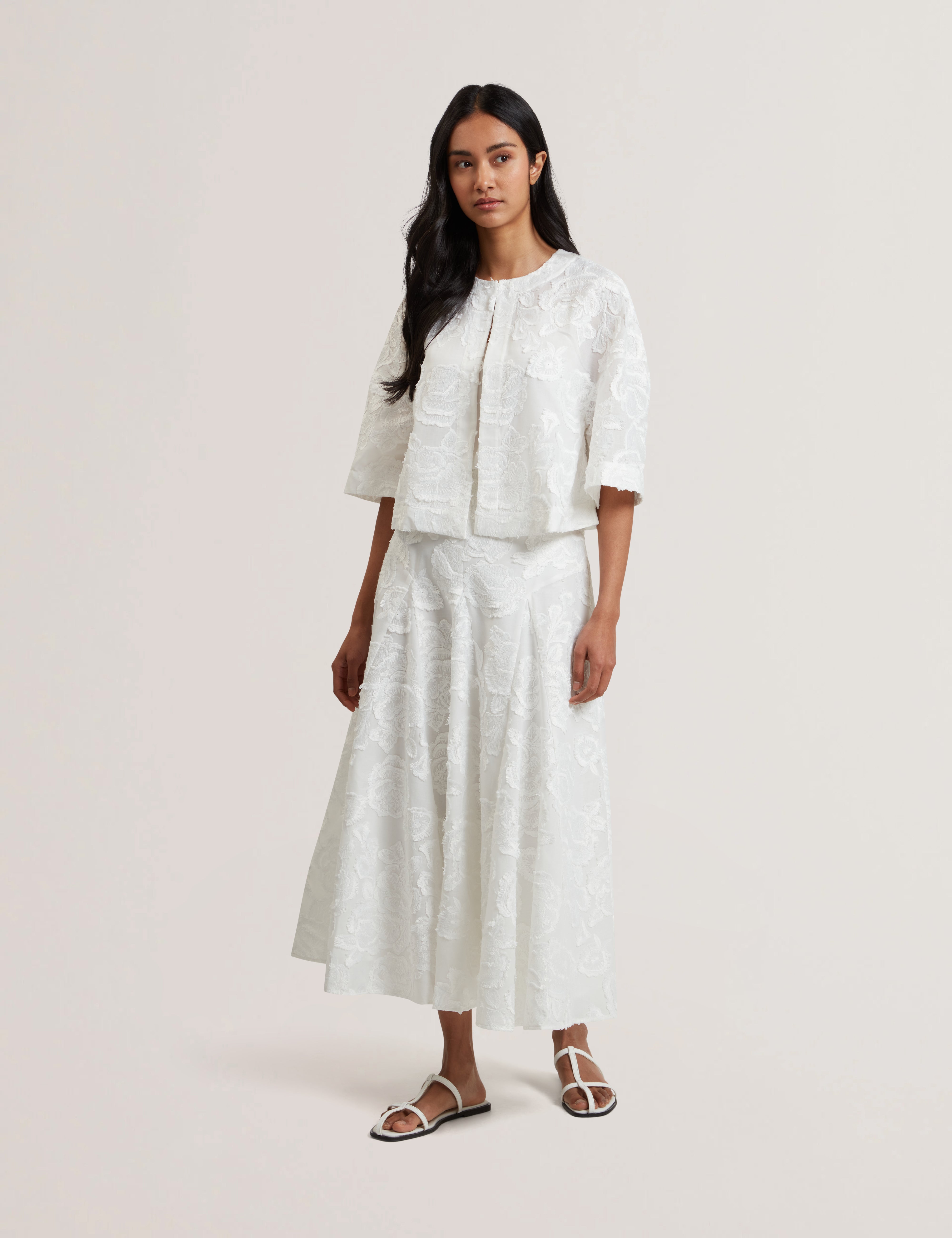 Eccrina Textured Rose Detail Midi Skirt White