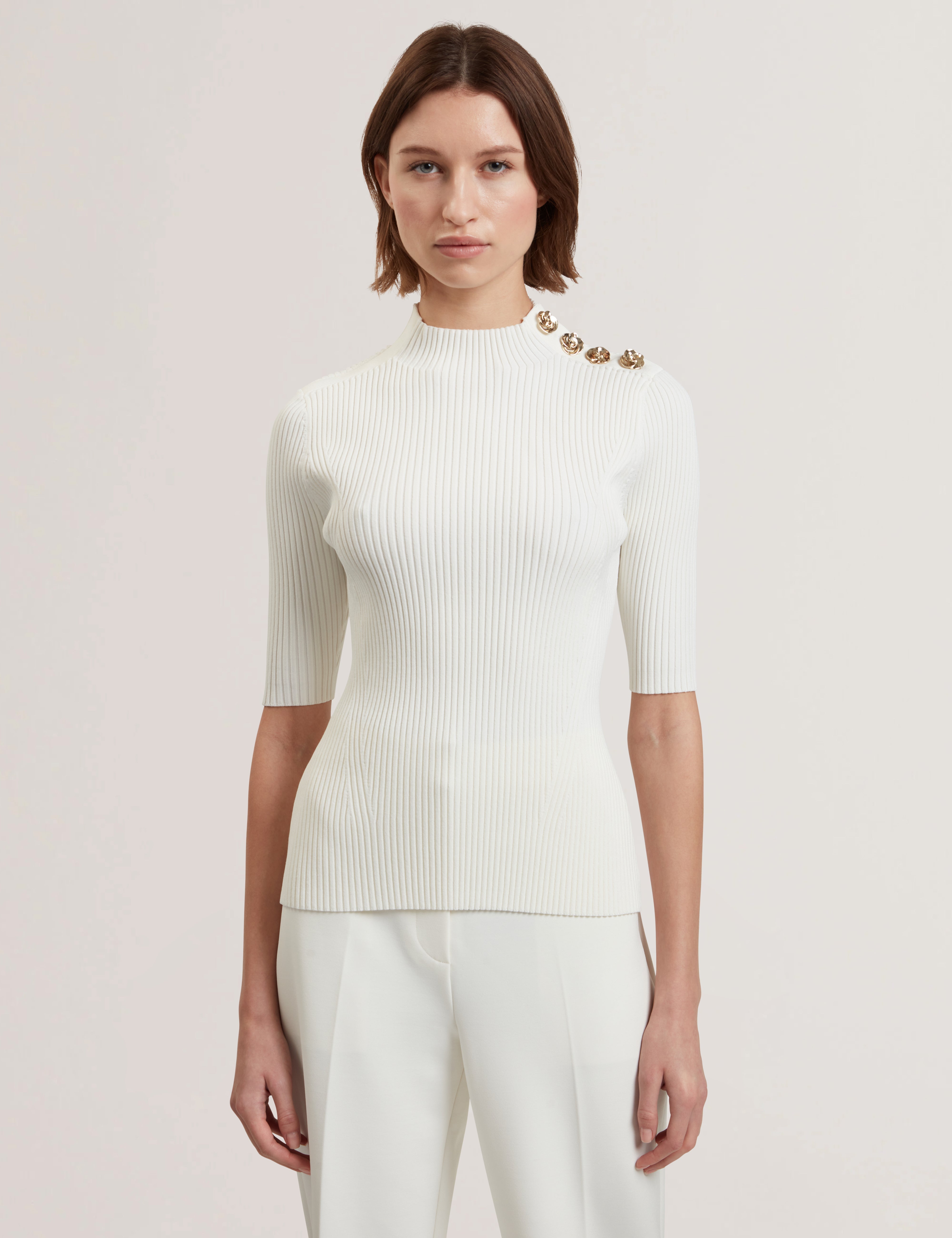 Eeliia Rose Button Detail Short Sleeve Top Ivory