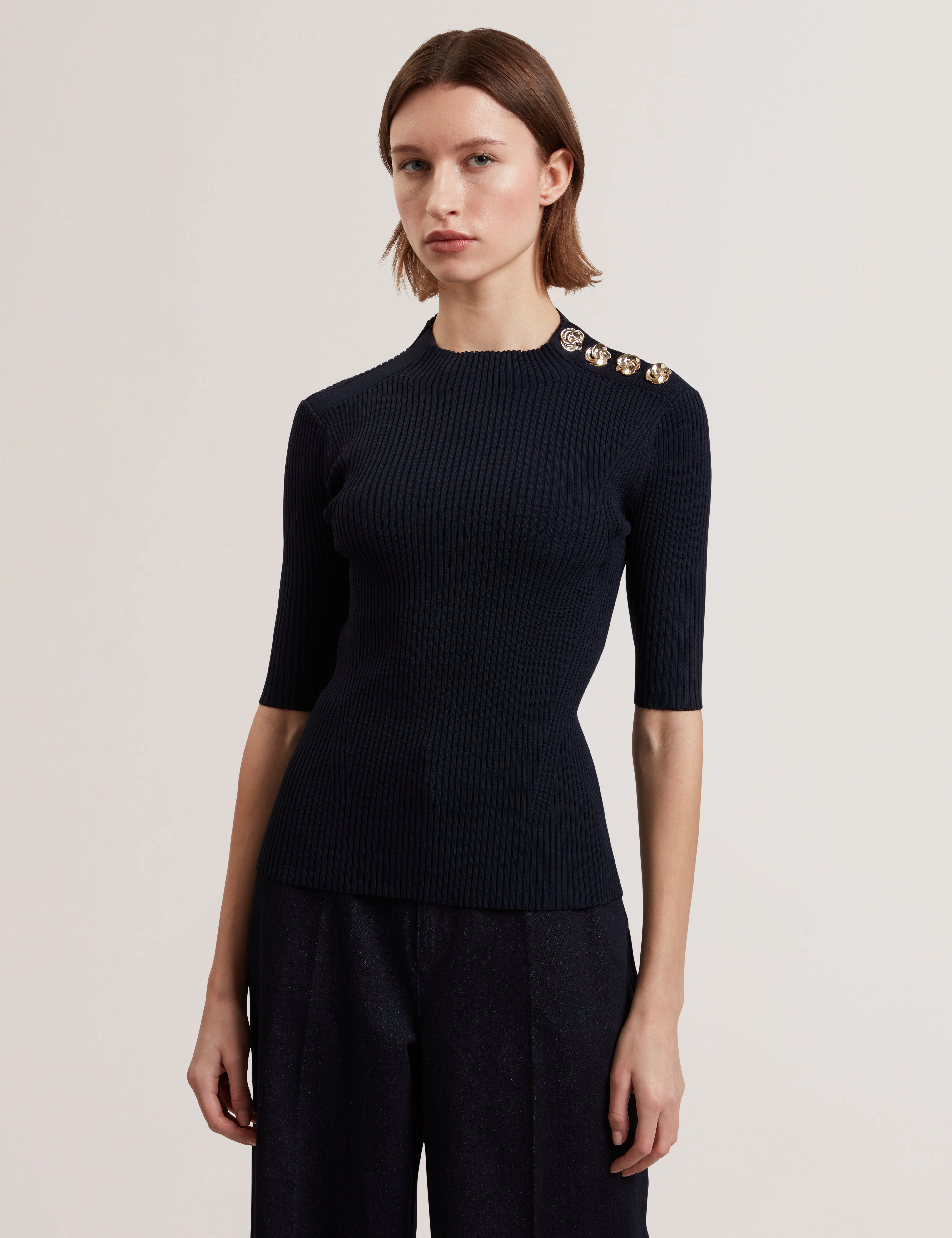 Eeliia Rose Button Detail Short Sleeve Top Navy