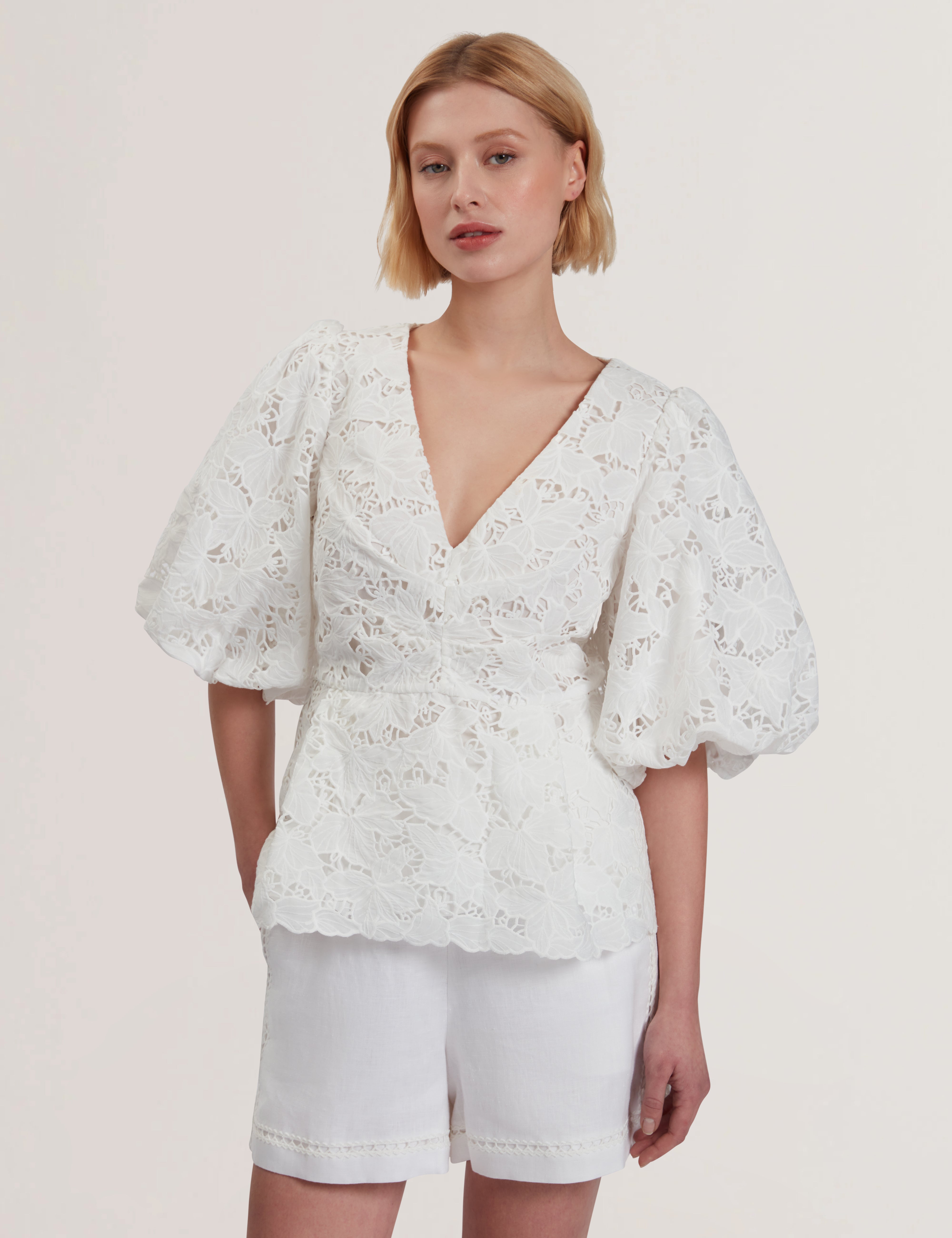 Shop Ellari Balloon Sleeve V Neck Top White for Women Online Ted