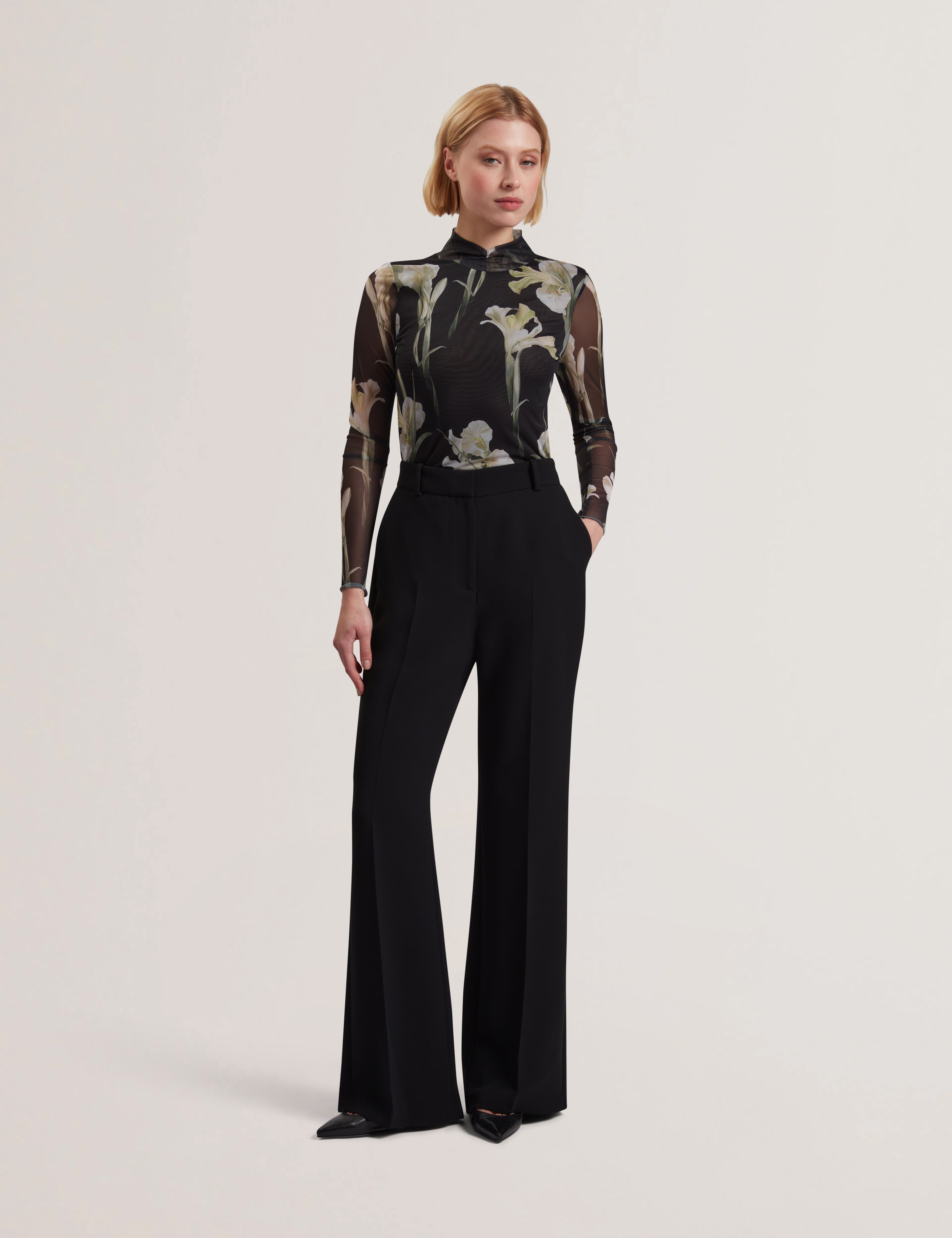 Fiaahh High Neck Mesh Printed Top Black