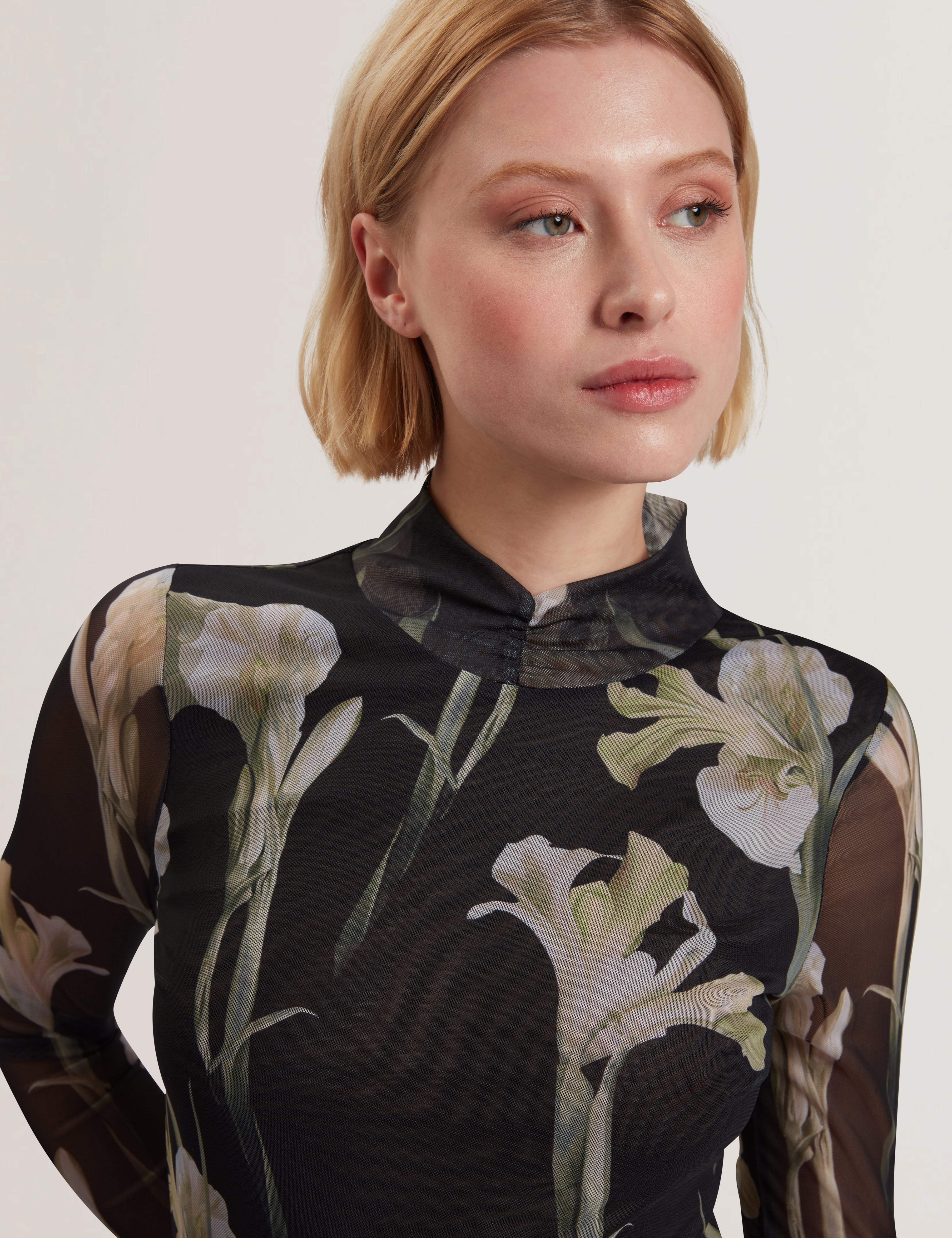 Fiaahh High Neck Mesh Printed Top Black