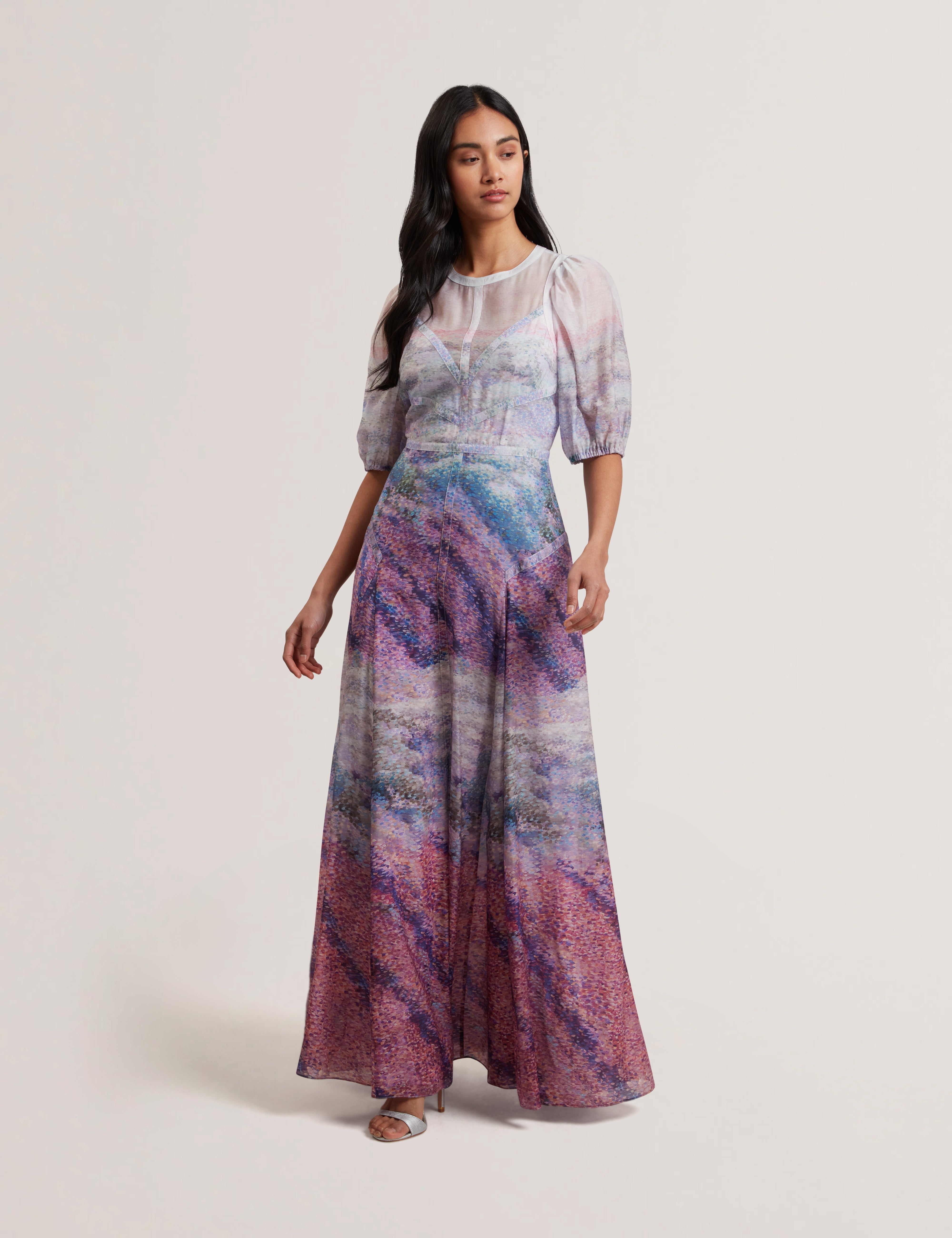 Flissaa Printed Puff Sleeve Maxi Dress Mid-Pink