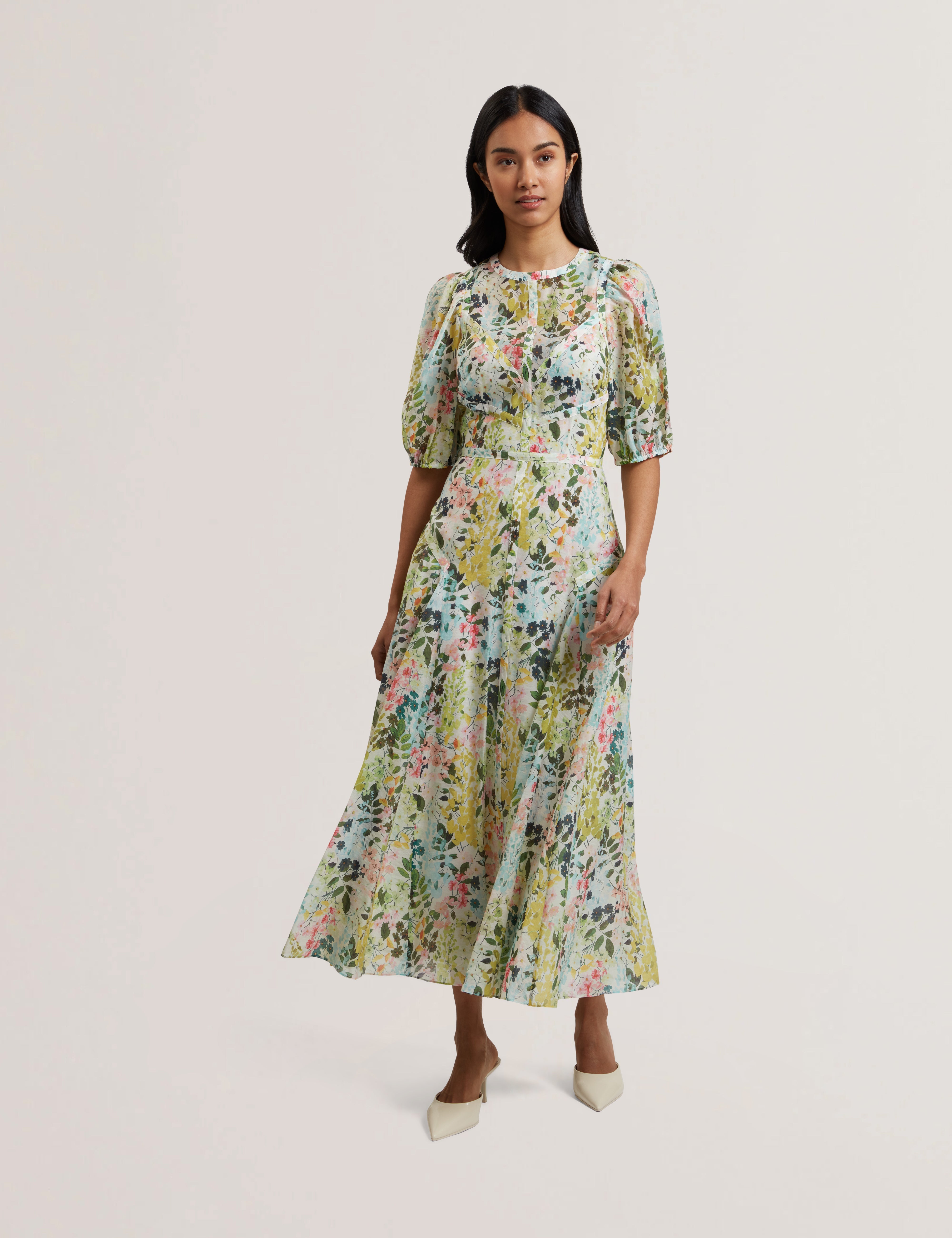 Kandea Puff Sleeve Binding Detail Midi Dress Ivory