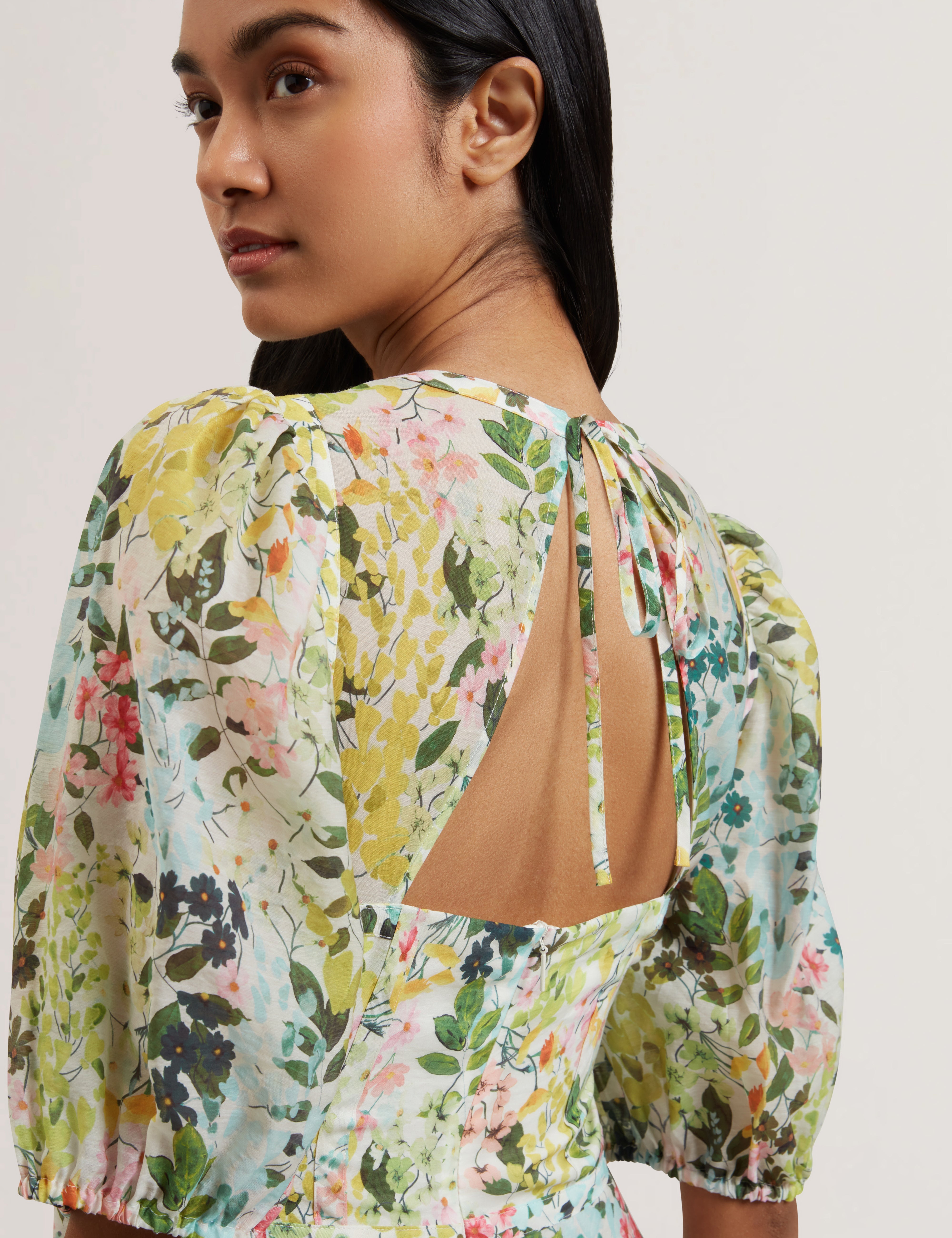 Kandea Puff Sleeve Binding Detail Midi Dress Ivory