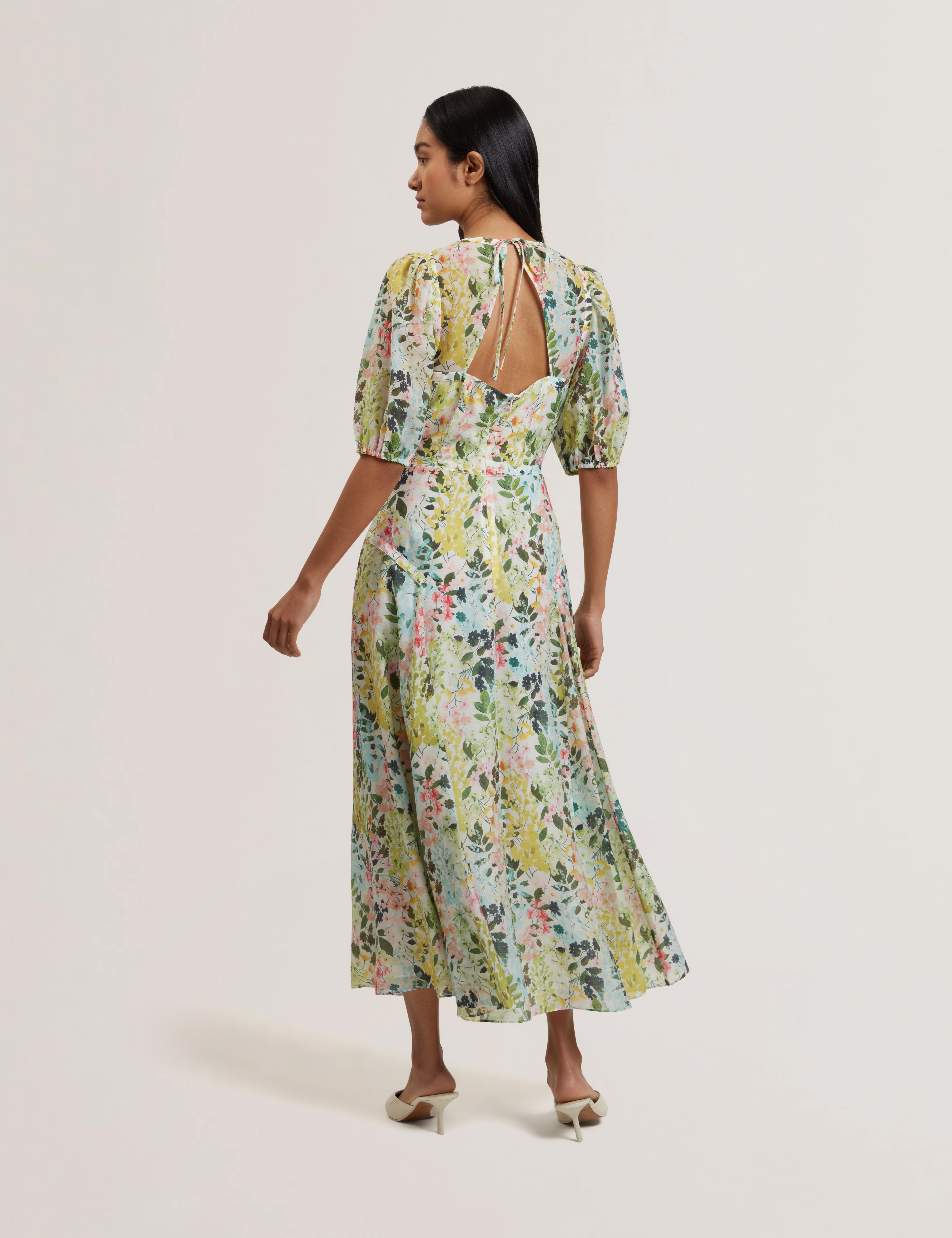 Kandea Puff Sleeve Binding Detail Midi Dress Ivory