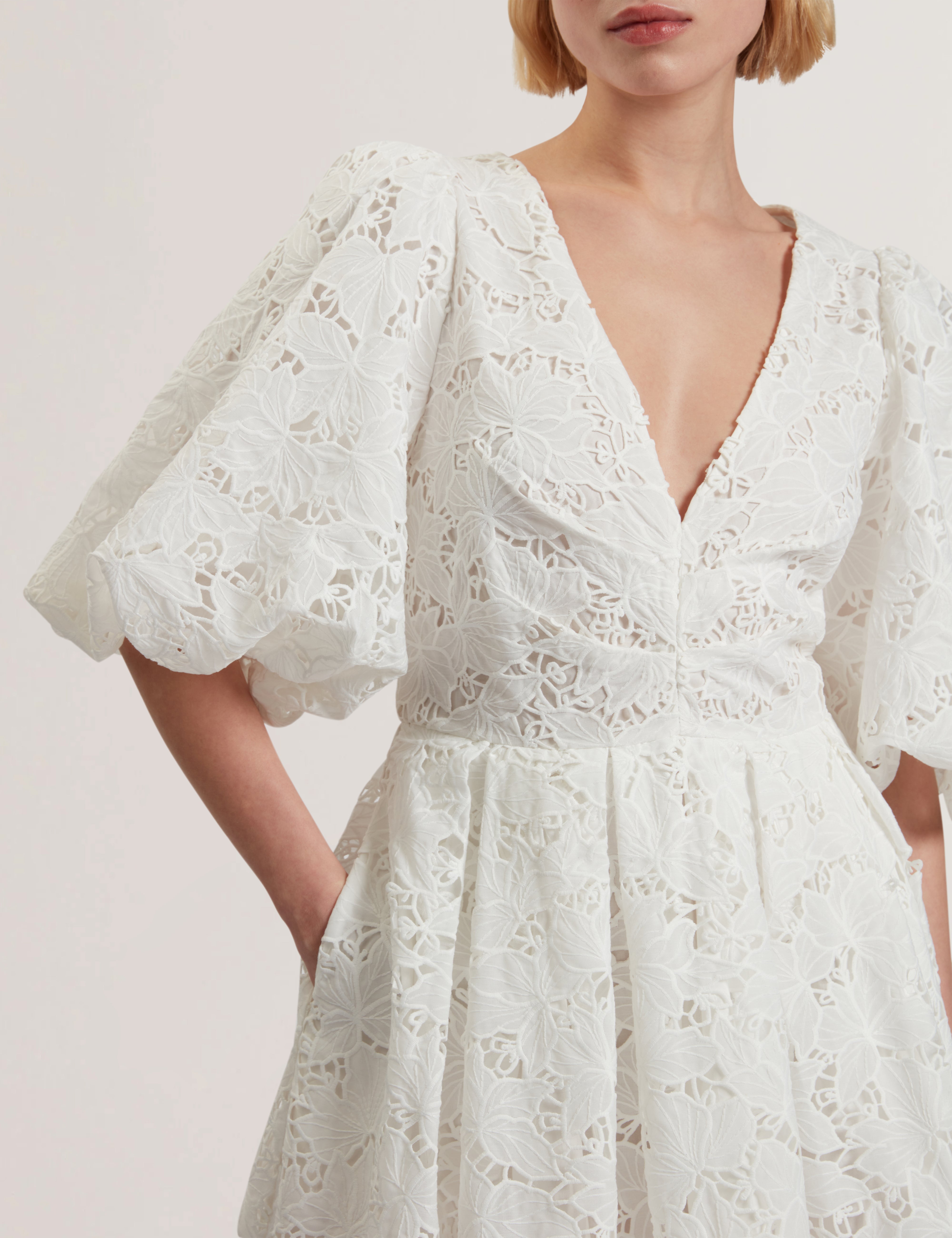 Shop Keetia Balloon Sleeve V Neck Midi Dress White for Women Online - Ted Baker UAE Shop Keetia Balloon Sleeve V Neck Midi Dress White for Women Online - Ted Baker UAE
