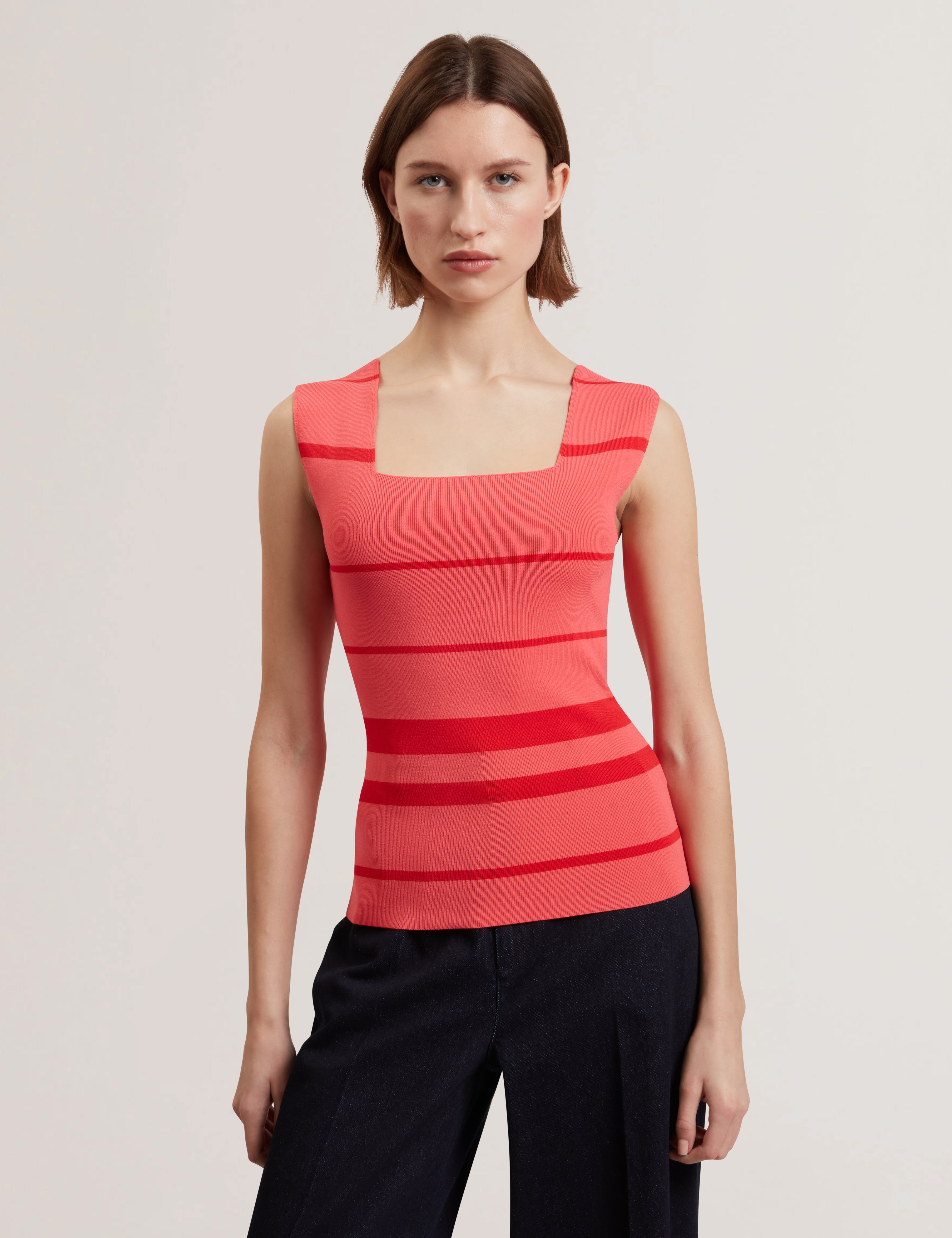 Laydaa Square Neck Stripe Knit Sleeveless Top Coral