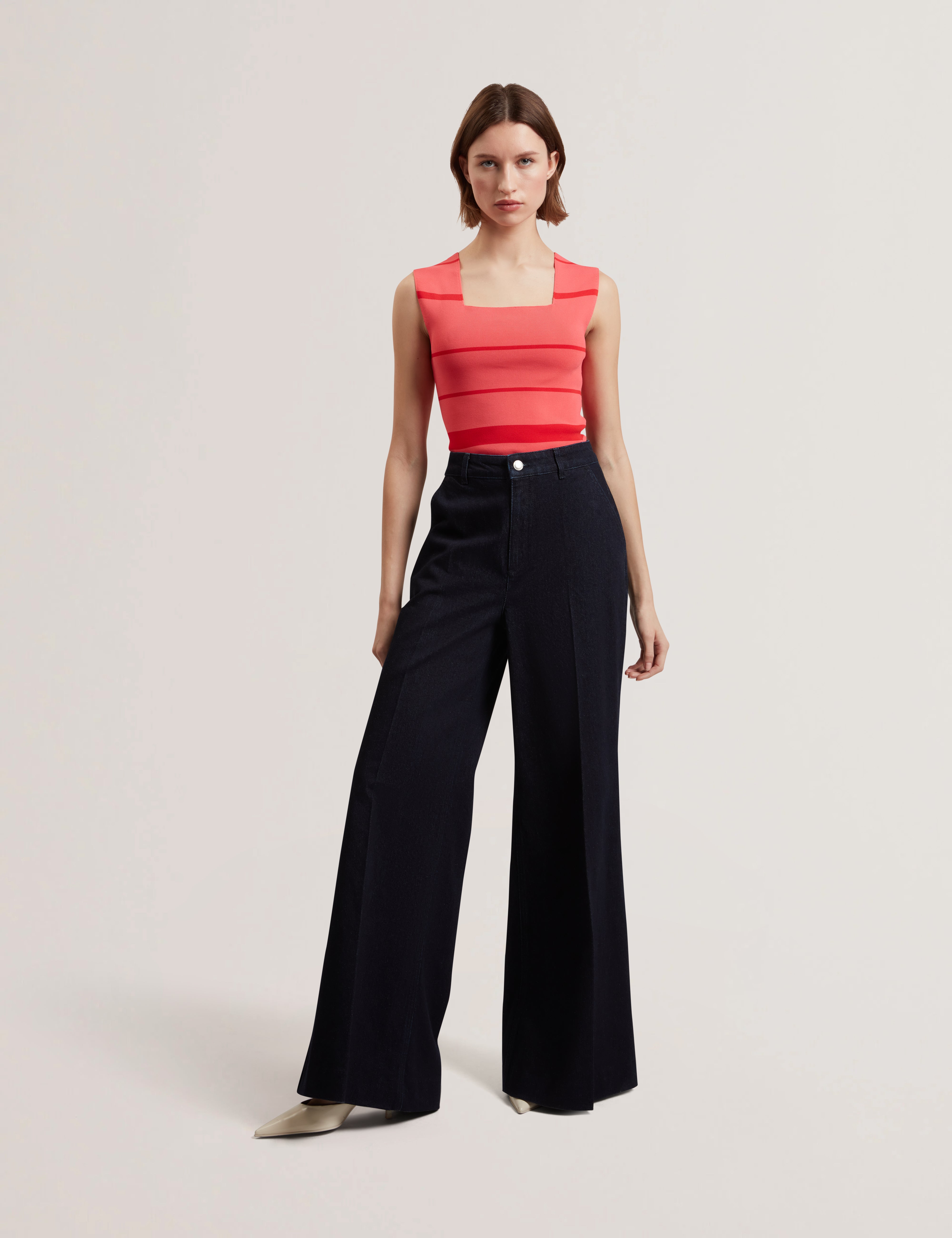 Laydaa Square Neck Stripe Knit Sleeveless Top Coral
