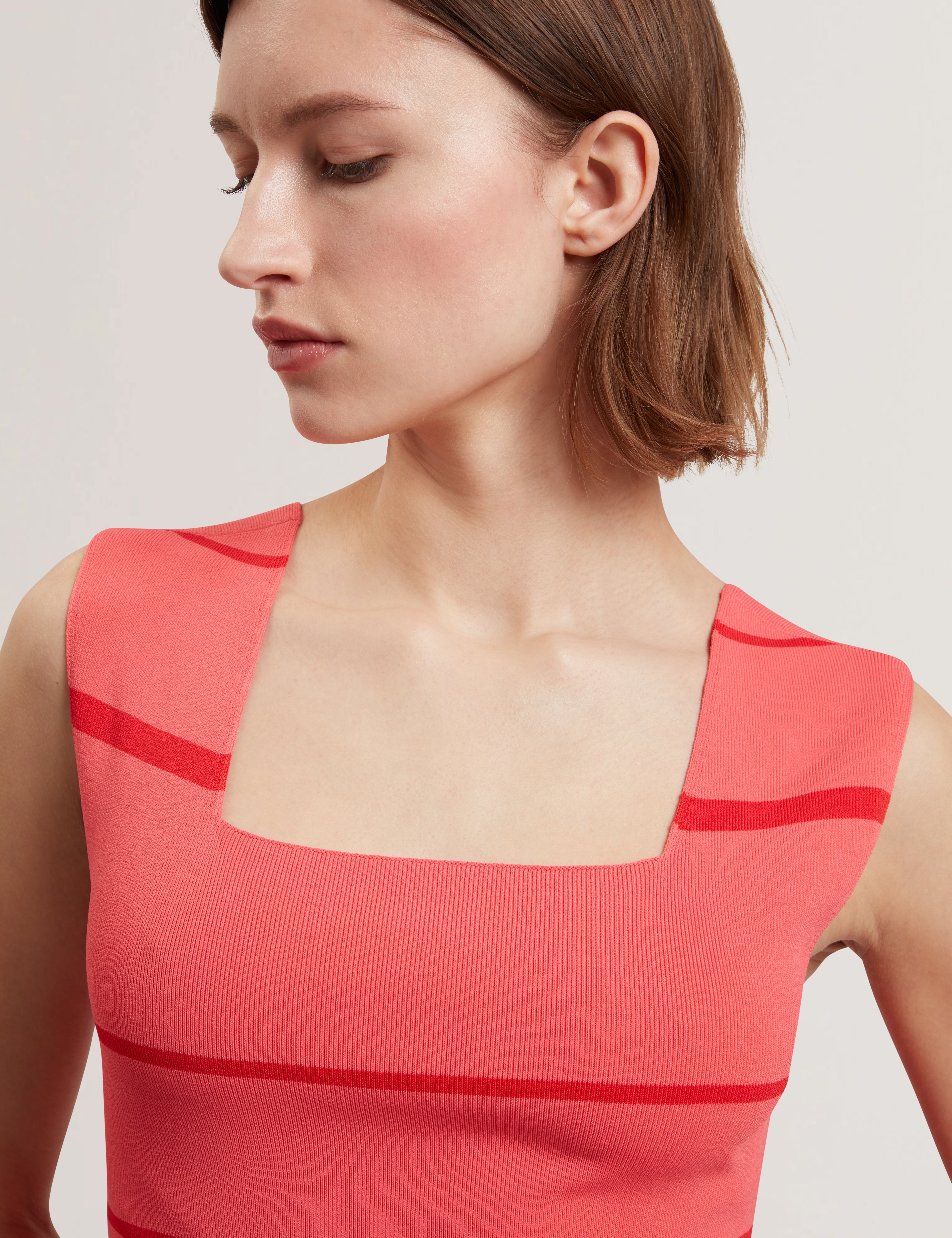 Laydaa Square Neck Stripe Knit Sleeveless Top Coral