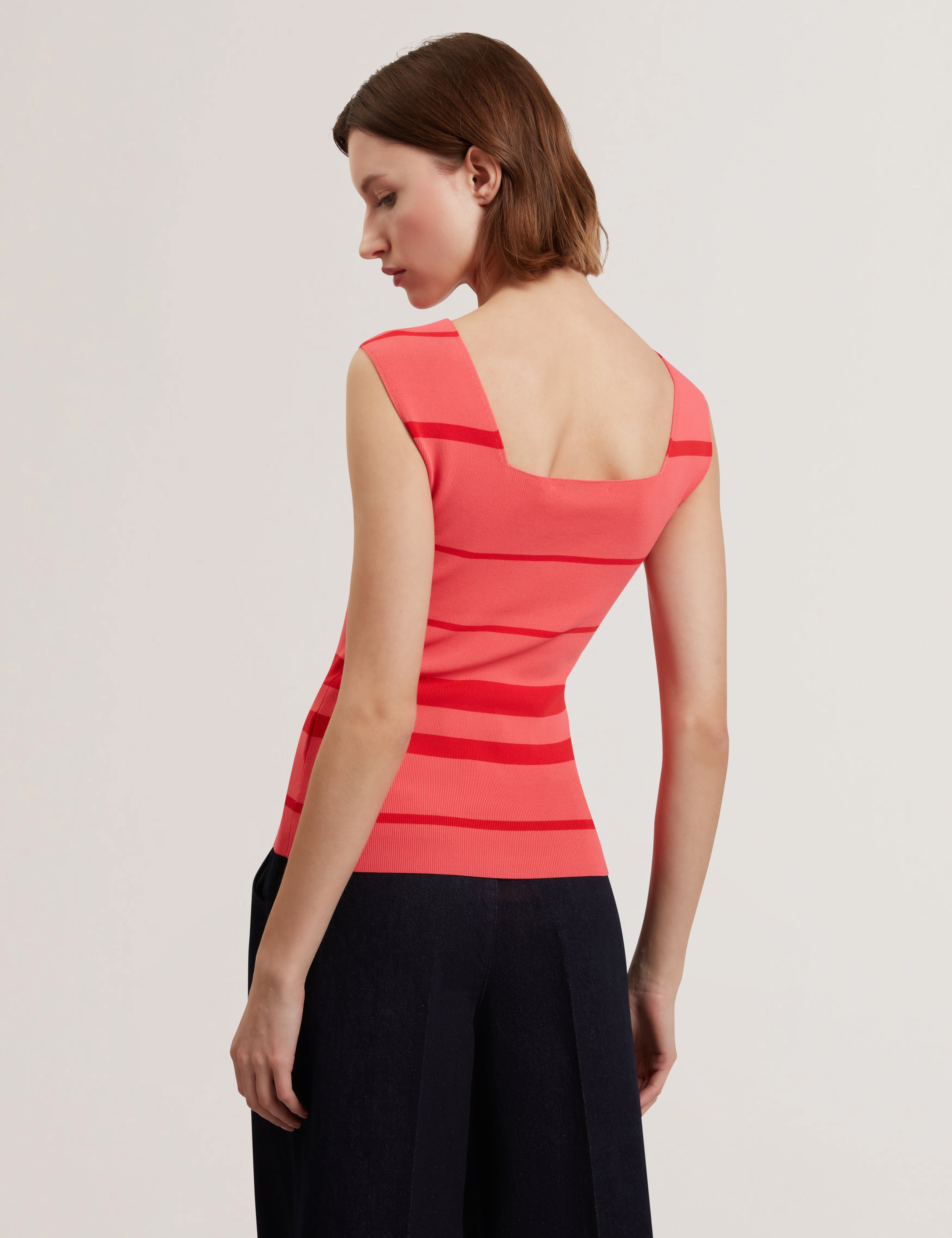 Laydaa Square Neck Stripe Knit Sleeveless Top Coral
