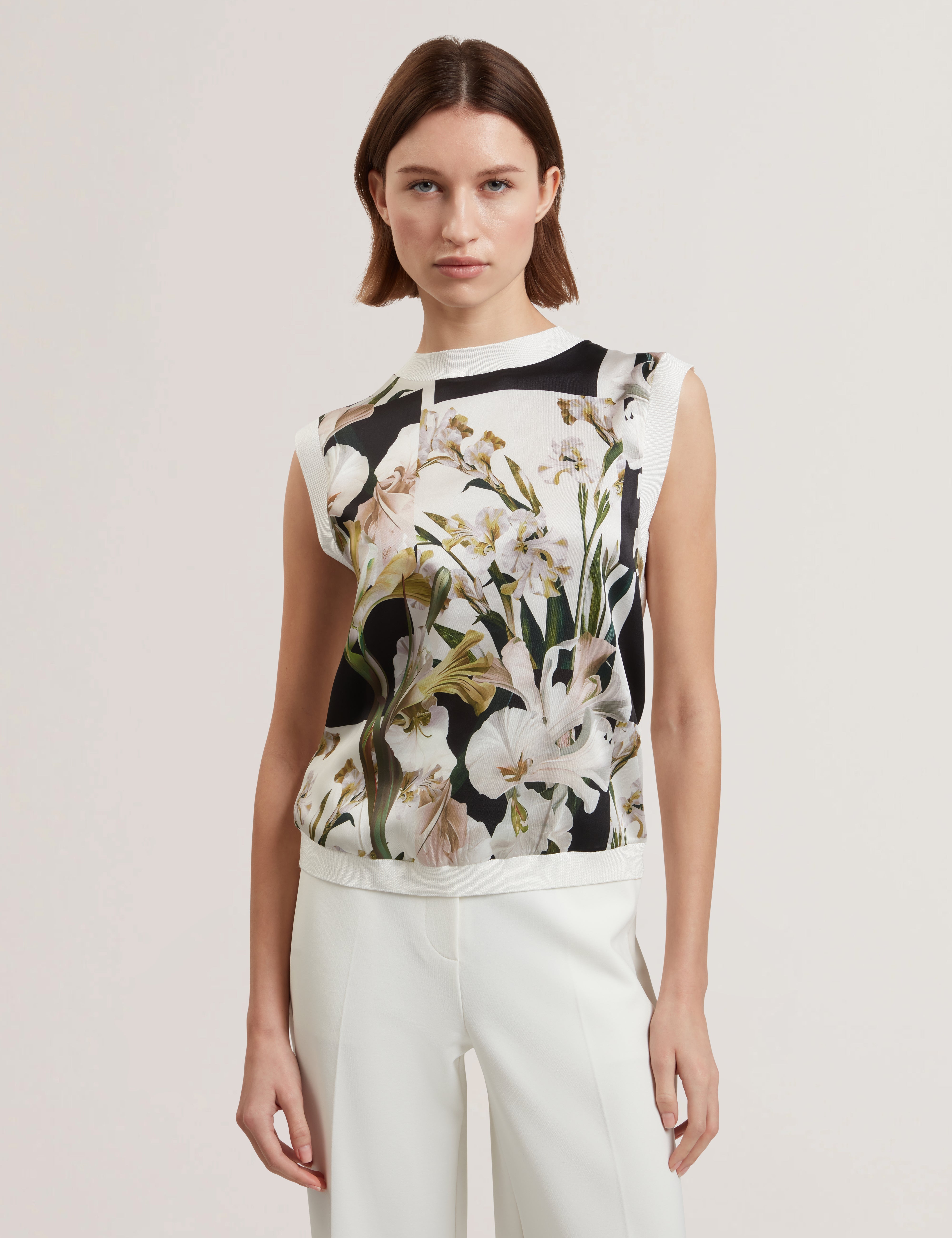 Liilea Printed Woven Front Sleeveless Top Ivory