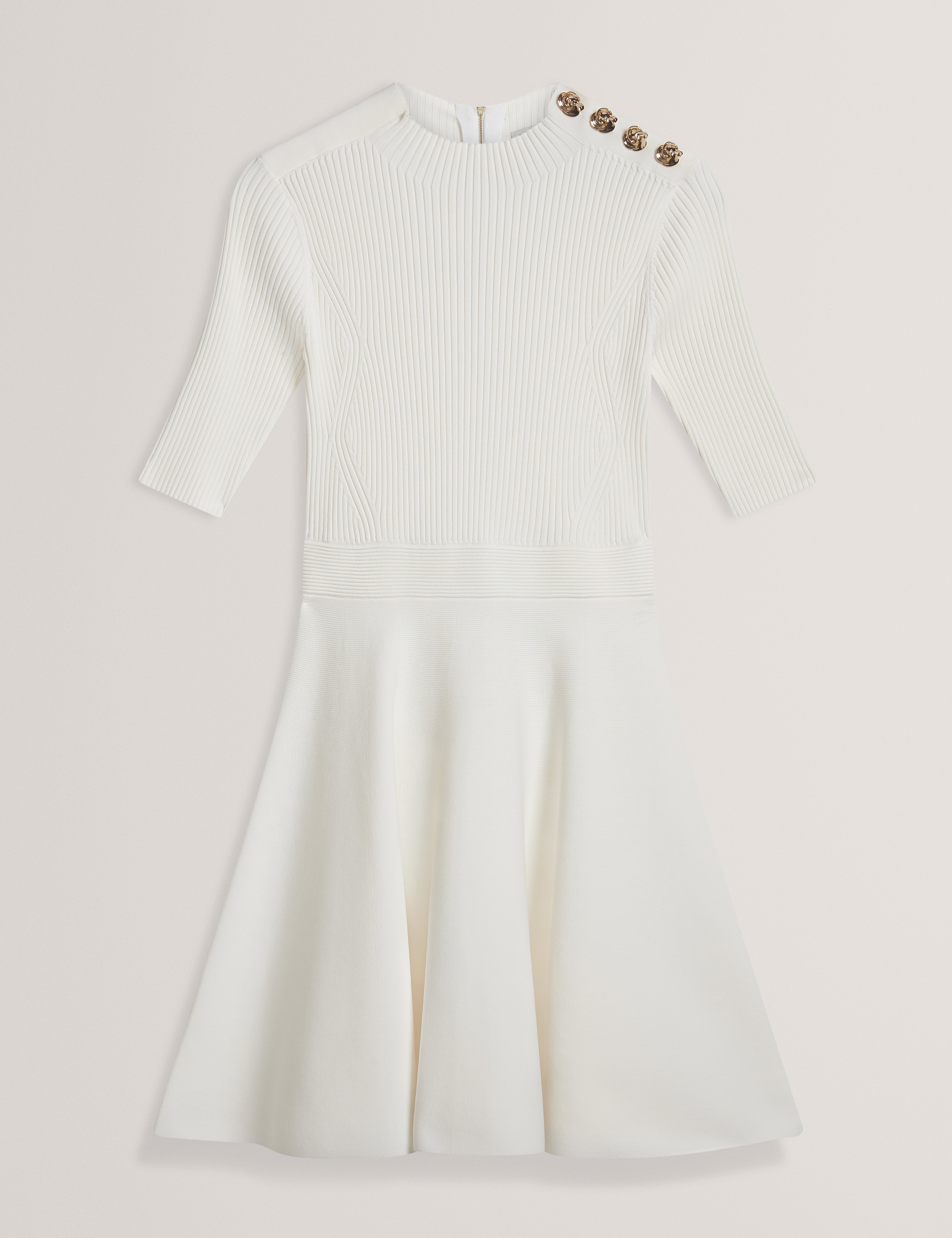 Lilano Ribbed Knit Button Detail Skater Dress Ivory