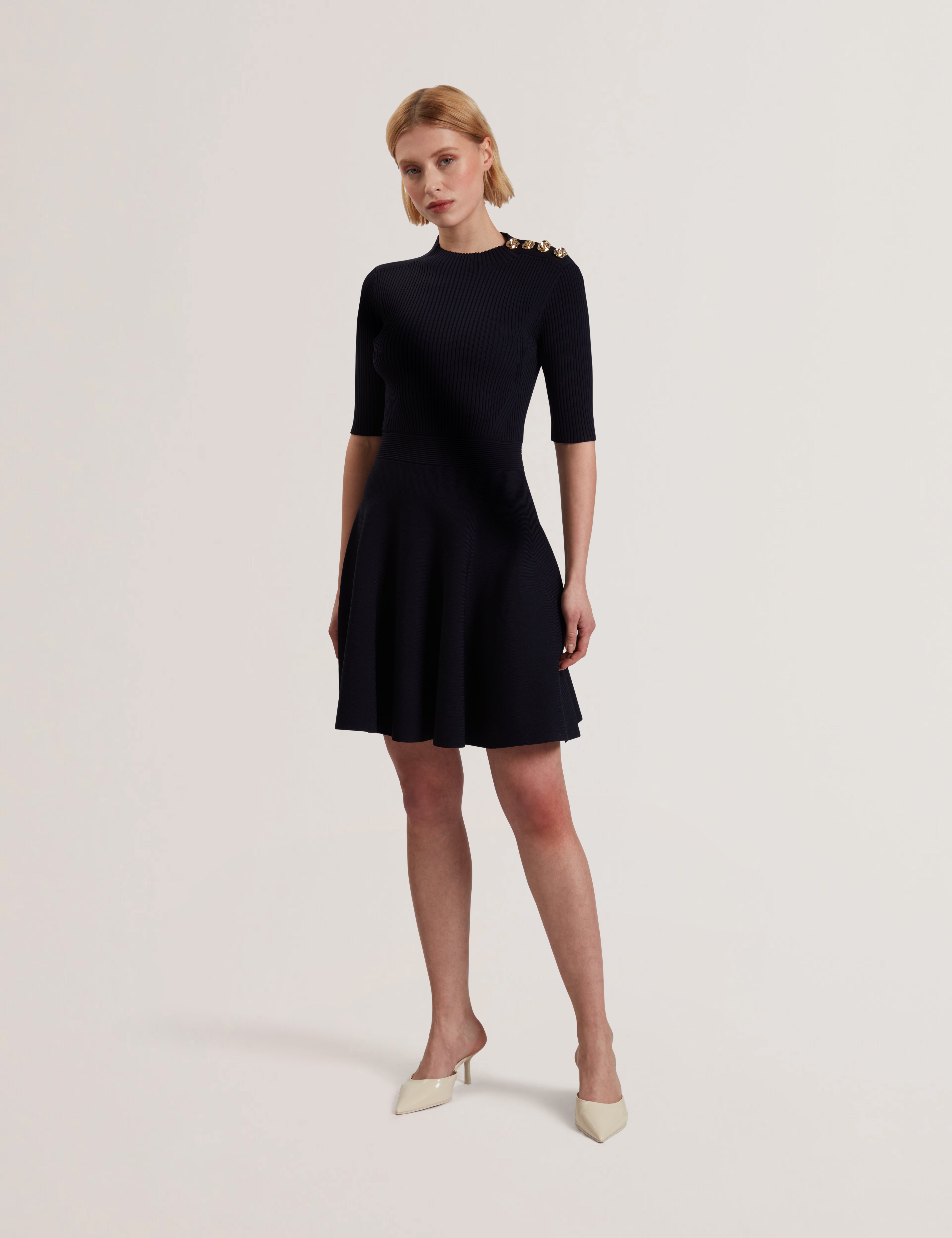 Lilano Ribbed Knit Button Detail Skater Dress Navy