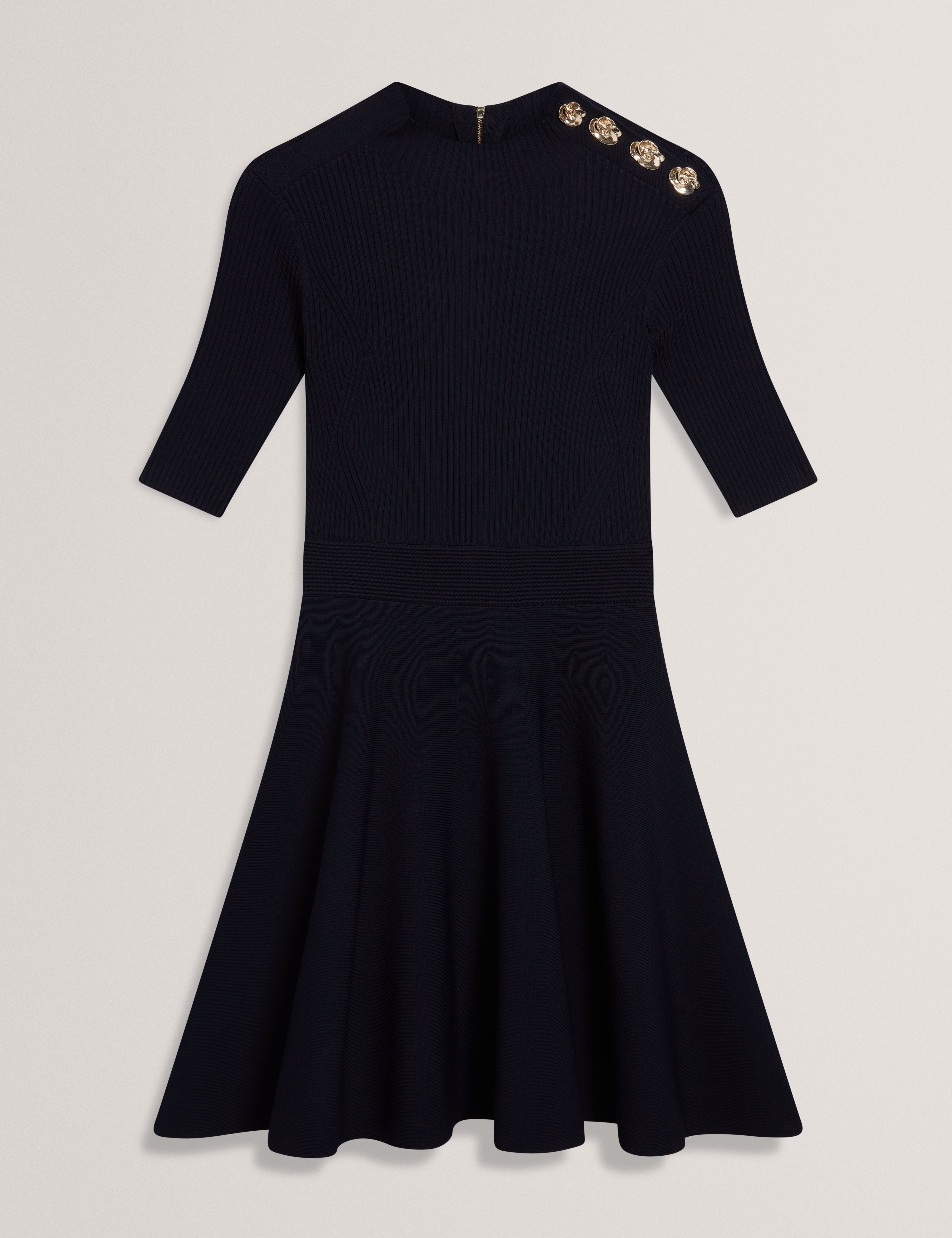 Lilano Ribbed Knit Button Detail Skater Dress Navy