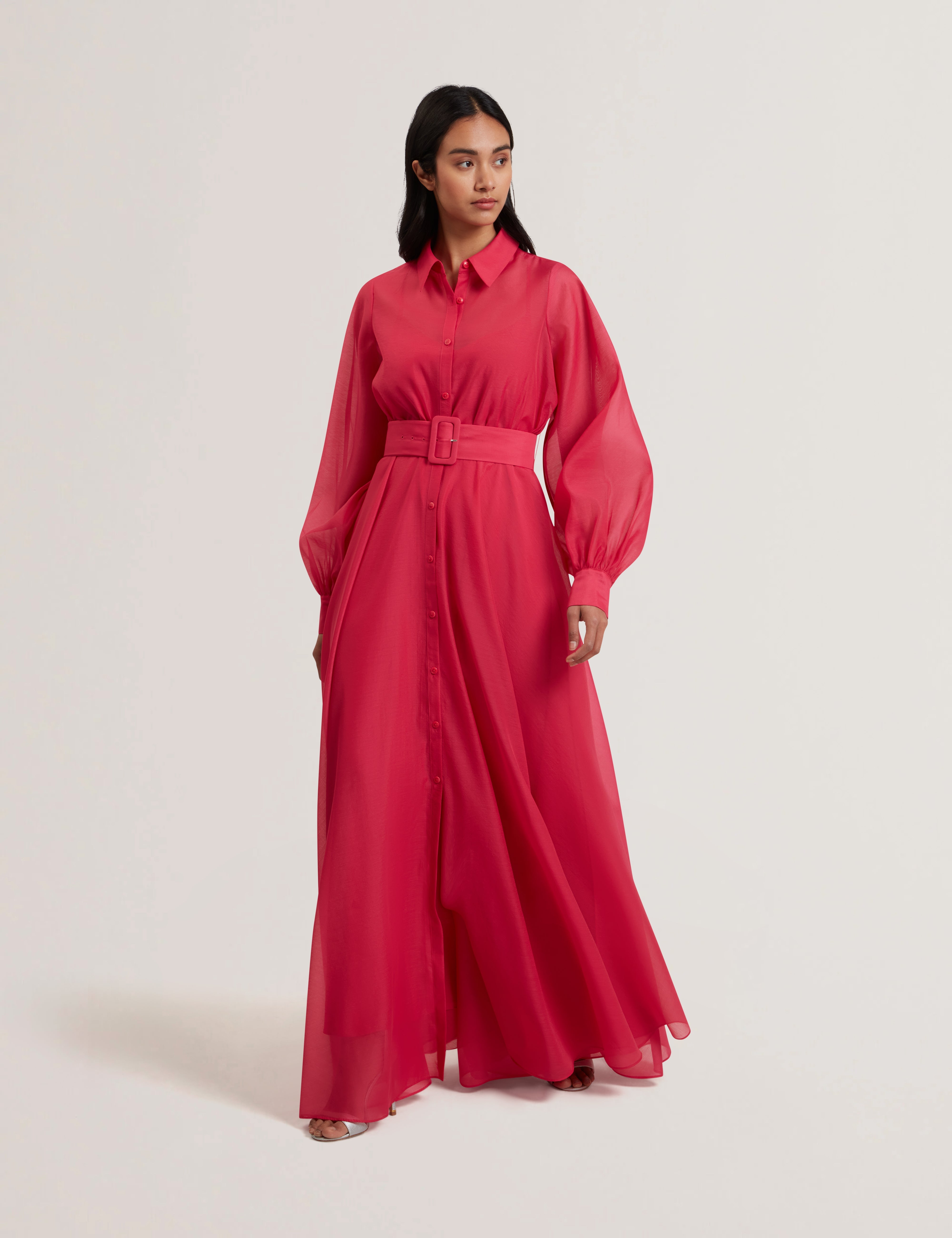 Malzia Corsage Detail Organza Maxi Dress Fuchsia