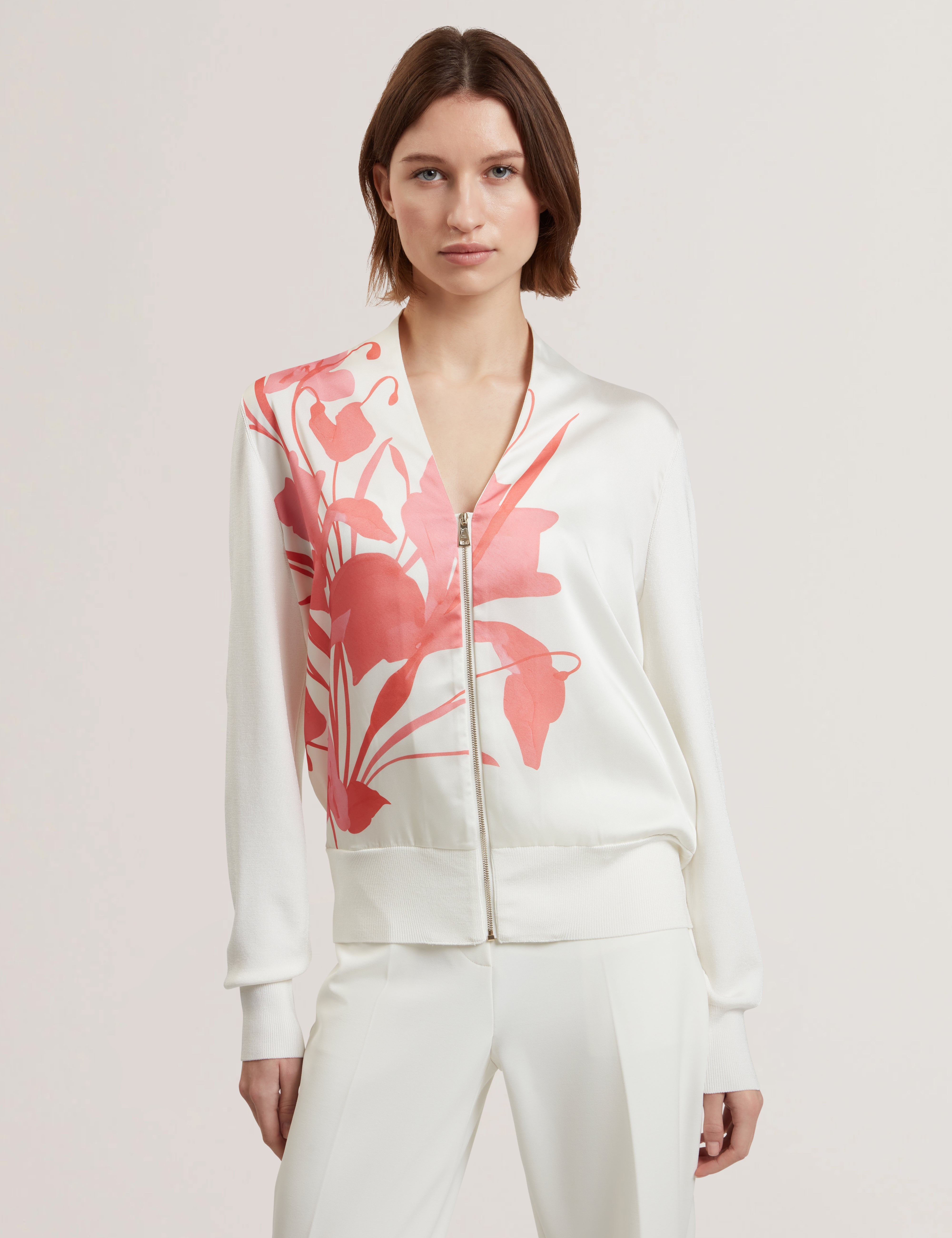 Matiina Printed Woven Front Zipped Cardigan Ivory