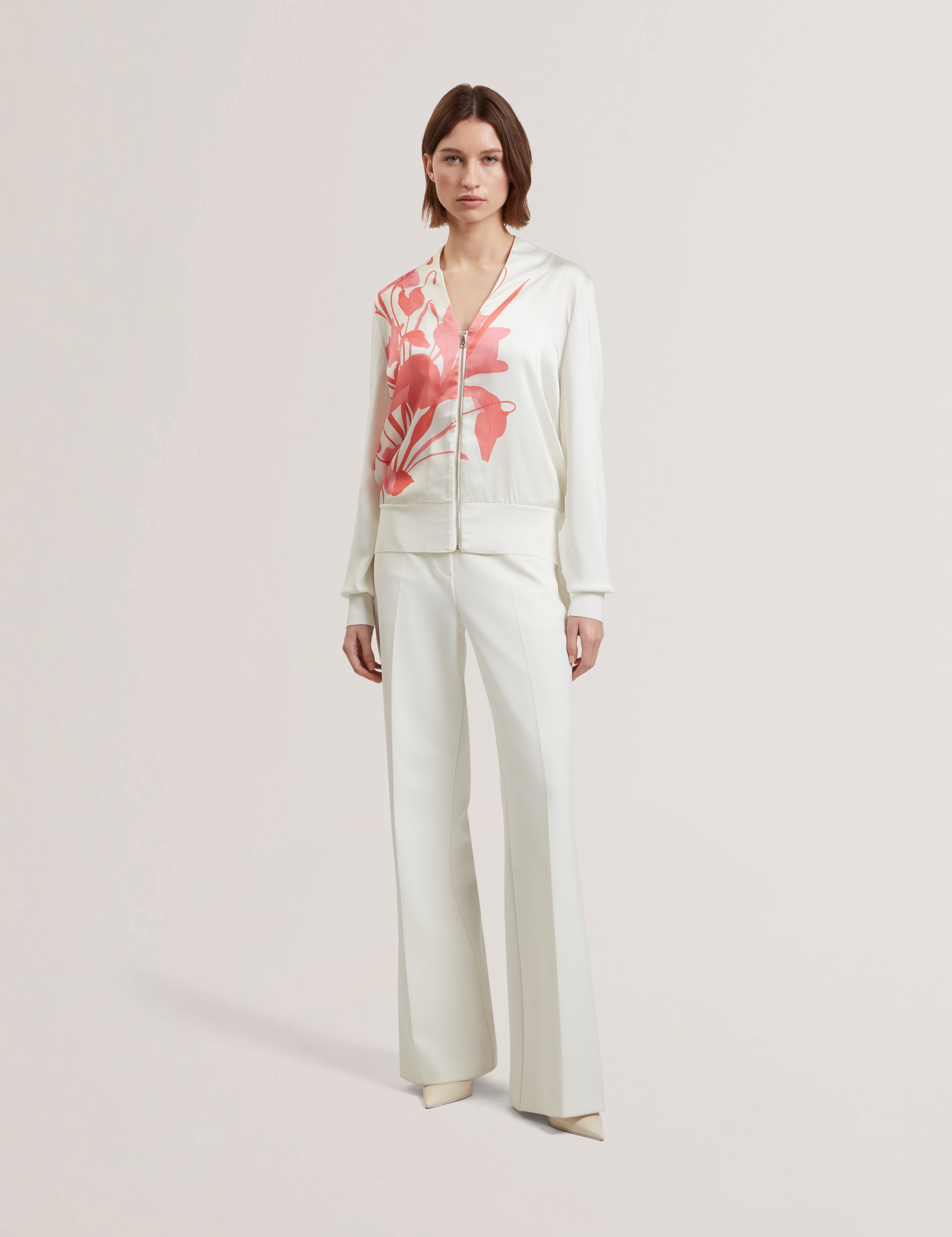 Matiina Printed Woven Front Zipped Cardigan Ivory