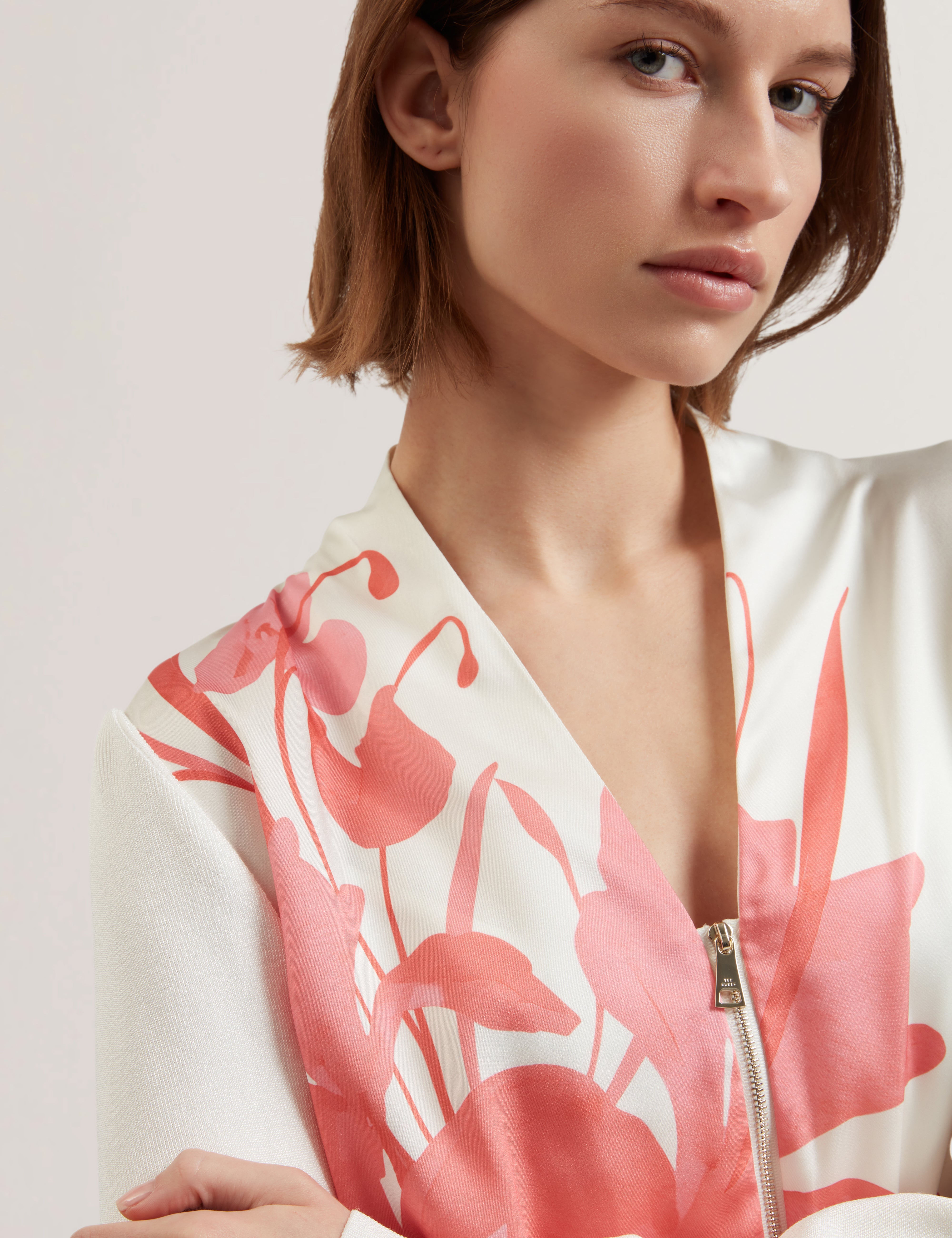 Matiina Printed Woven Front Zipped Cardigan Ivory