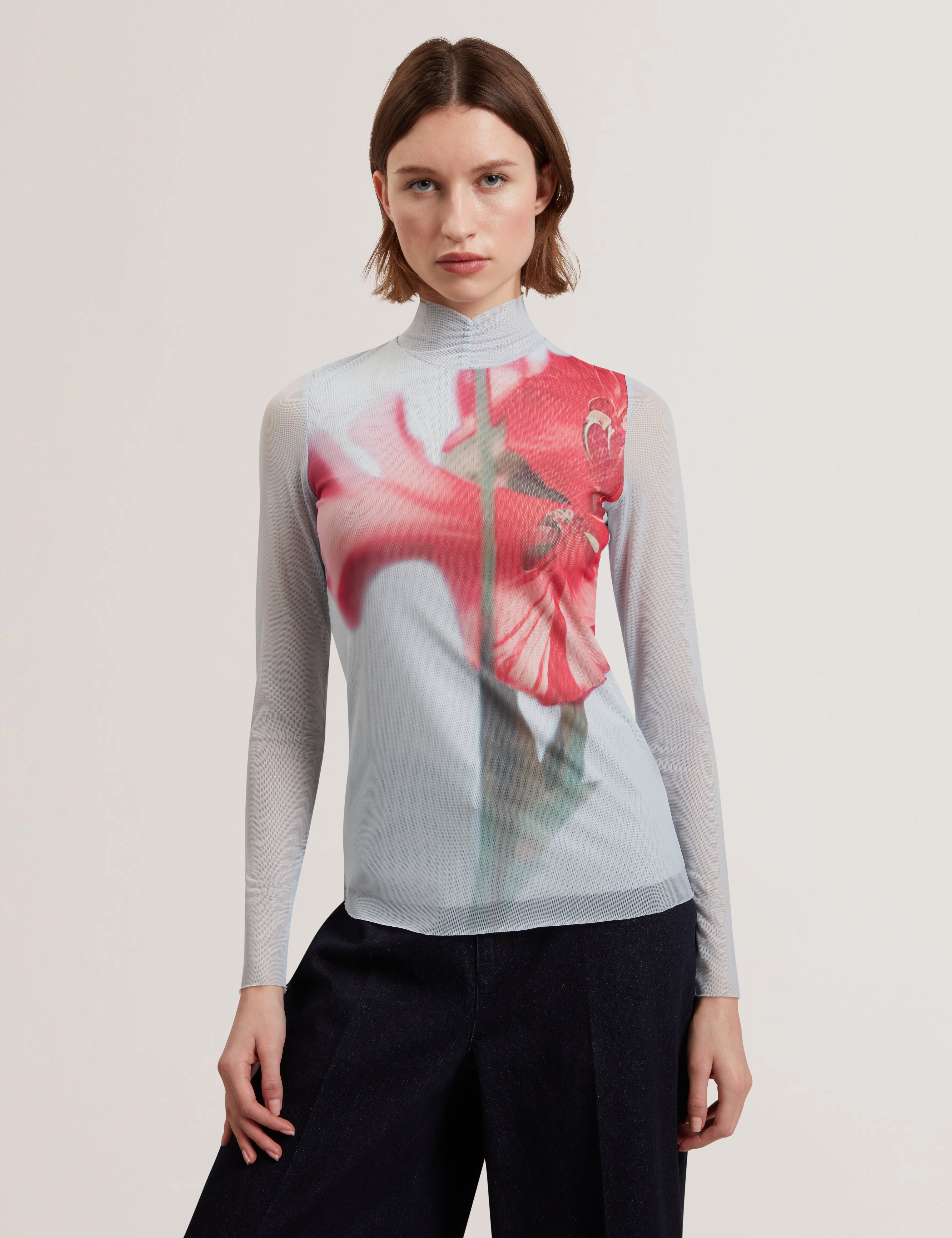 Pipya High Neck Mesh Printed Top Pl-Blue