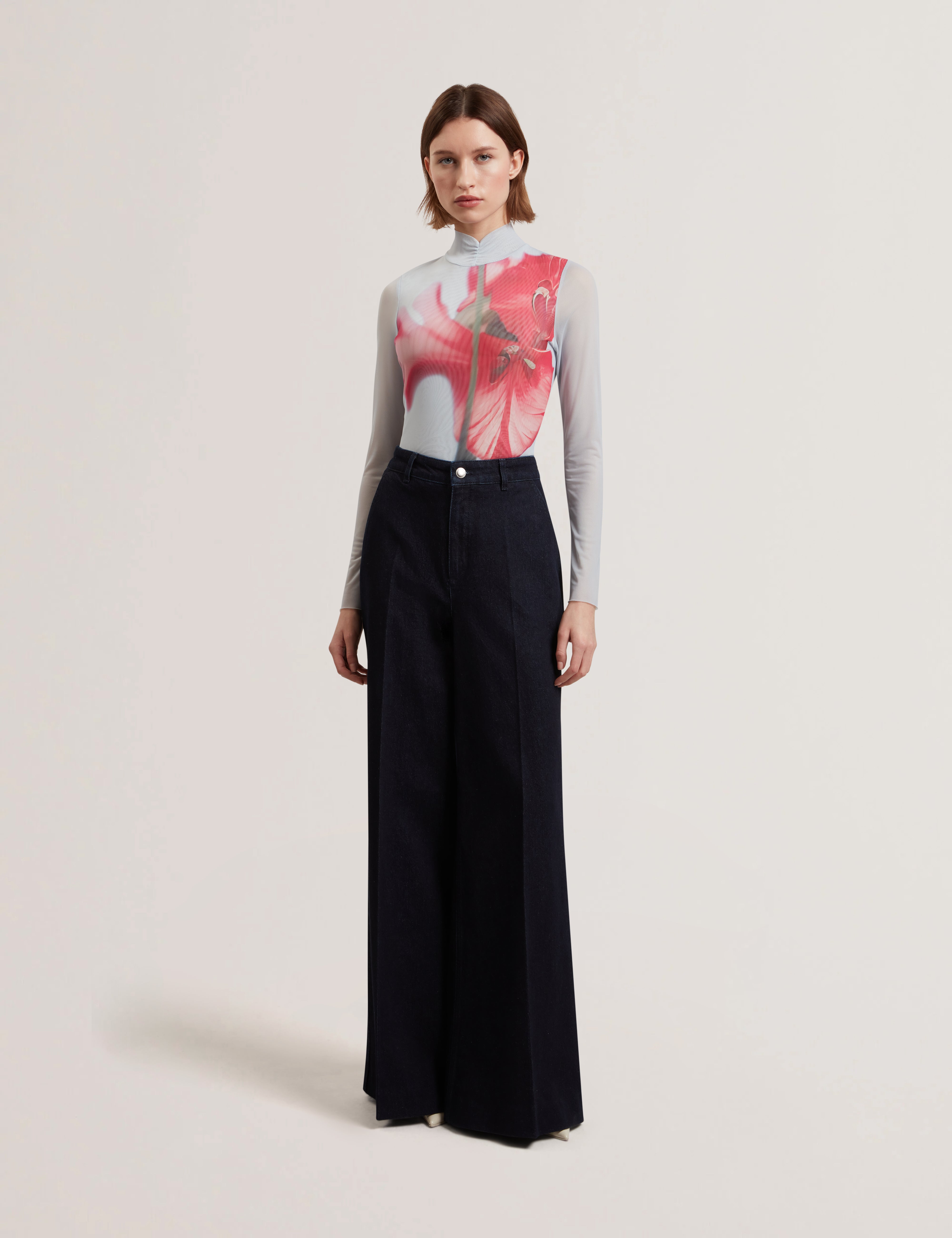 Pipya High Neck Mesh Printed Top Pl-Blue