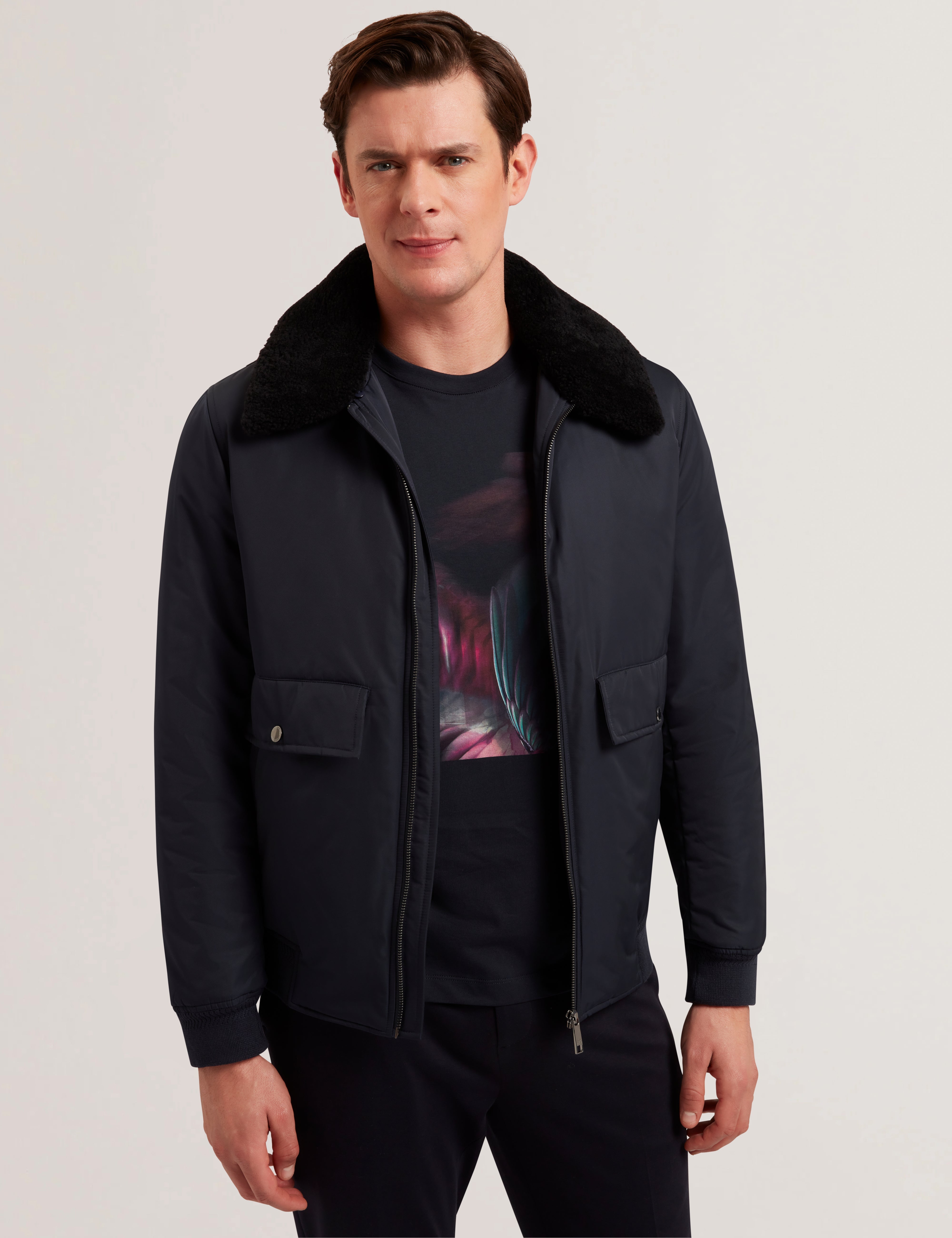 Avitore Bomber Removable Shearling Collar Navy
