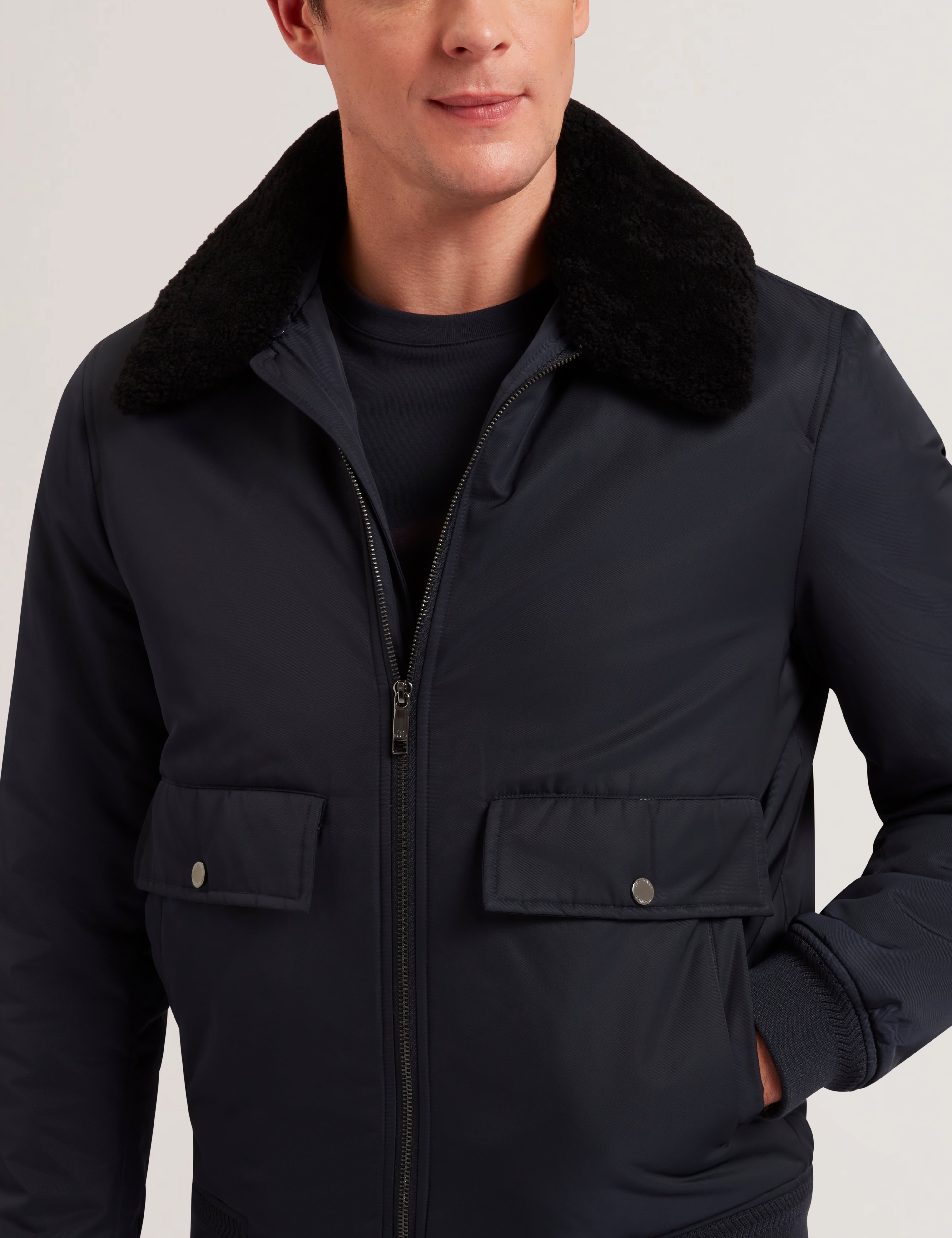 Avitore Bomber Removable Shearling Collar Navy