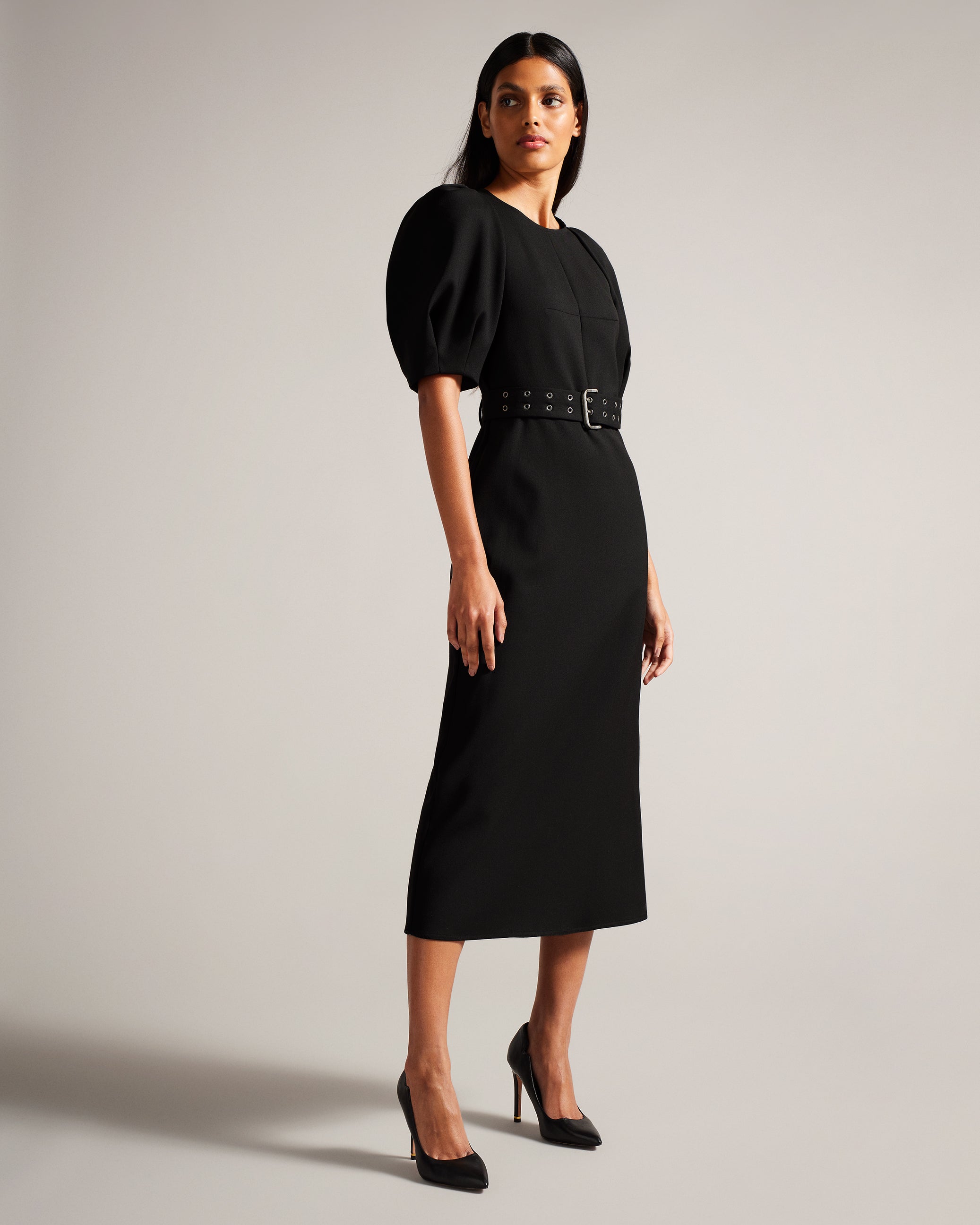 Gabyela Puff Sleeve Midi Dress With Belt Black