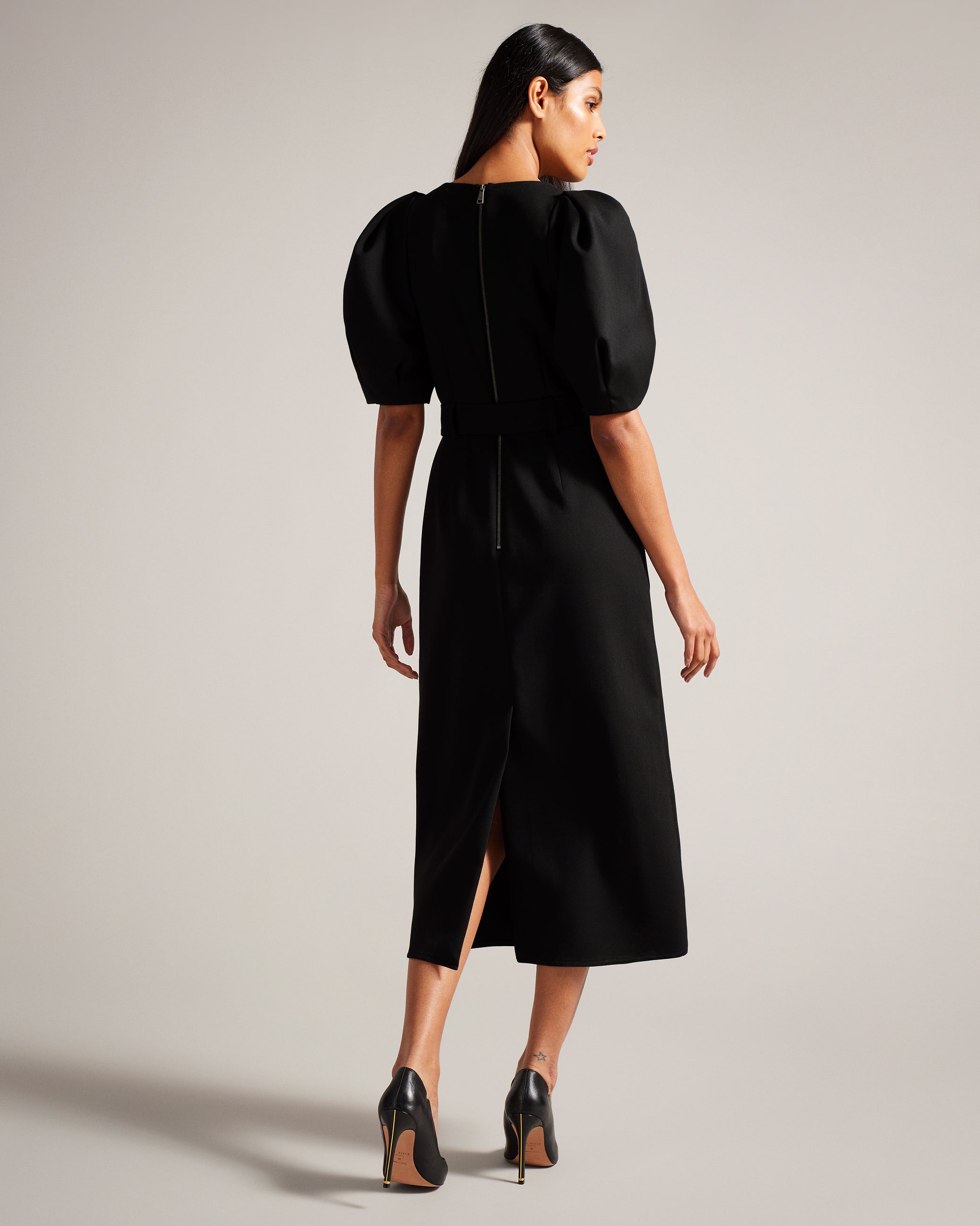 Gabyela Puff Sleeve Midi Dress With Belt Black