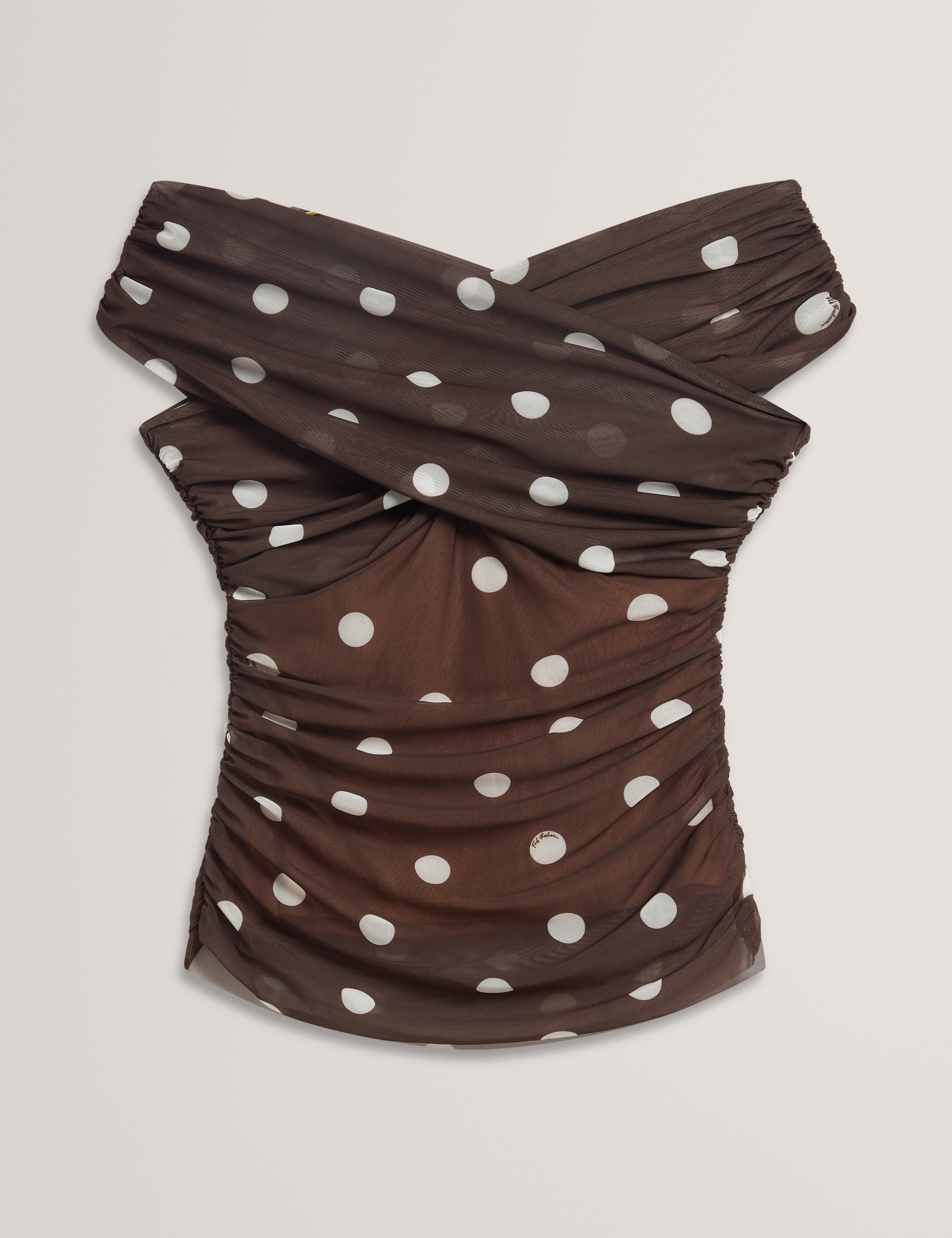 Zaamo Cross Over Neck Printed Mesh Top Dk-Brown