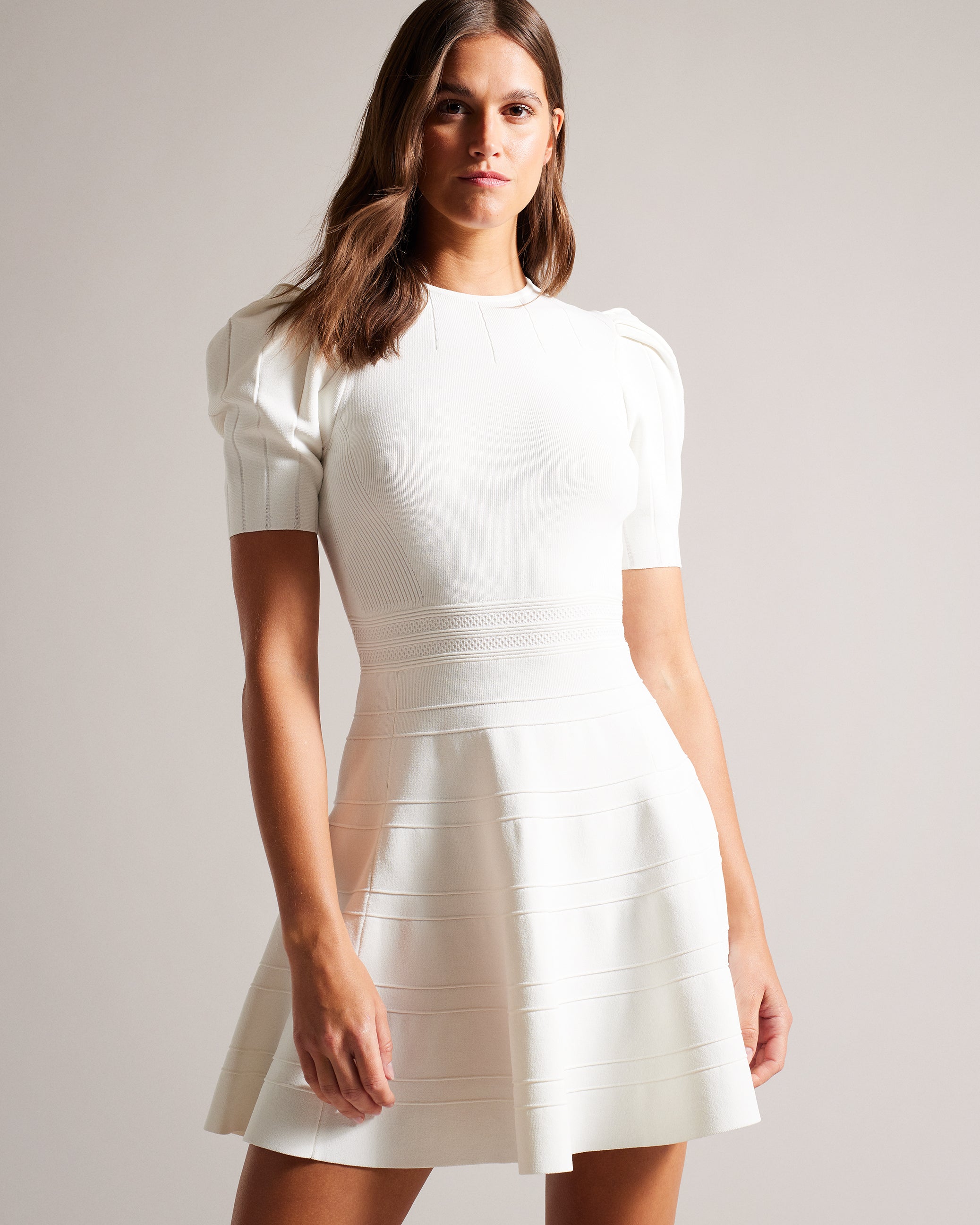 Velvey Puff Sleeve Dress With Engineered Skirt White