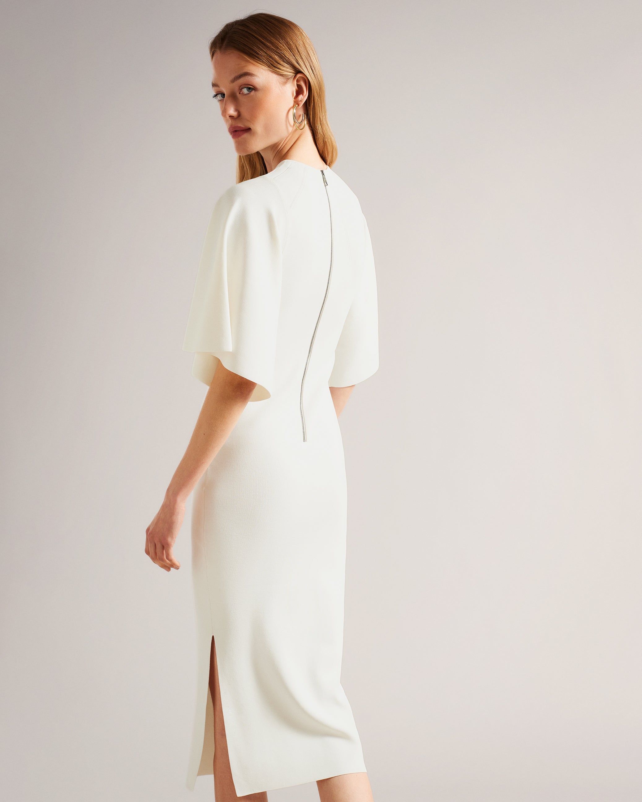 Lounia Fluted Sleeve Knitted Bodycon Midi Dress White