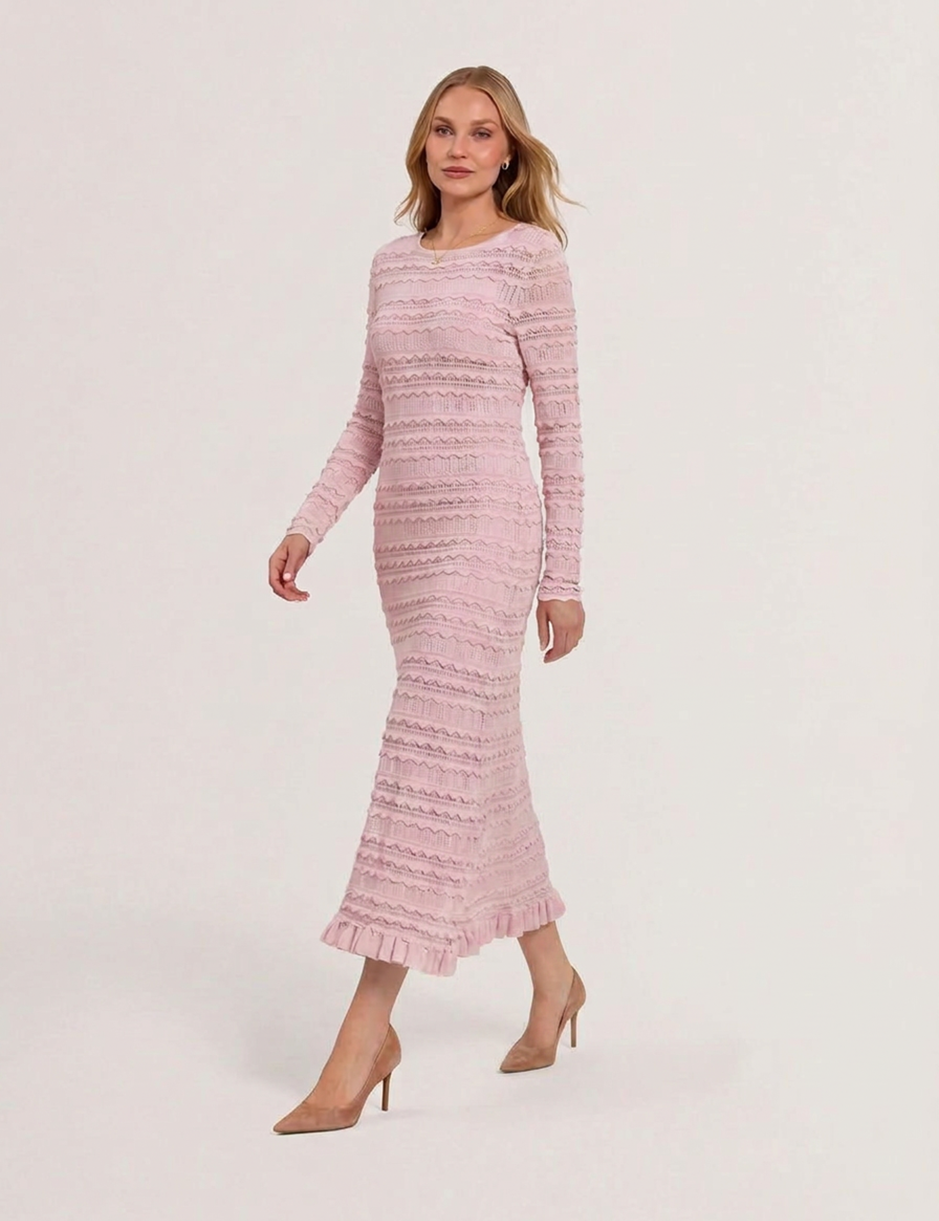 Kaseya Long Sleeve Knitted Midi Dress Pl-Pink