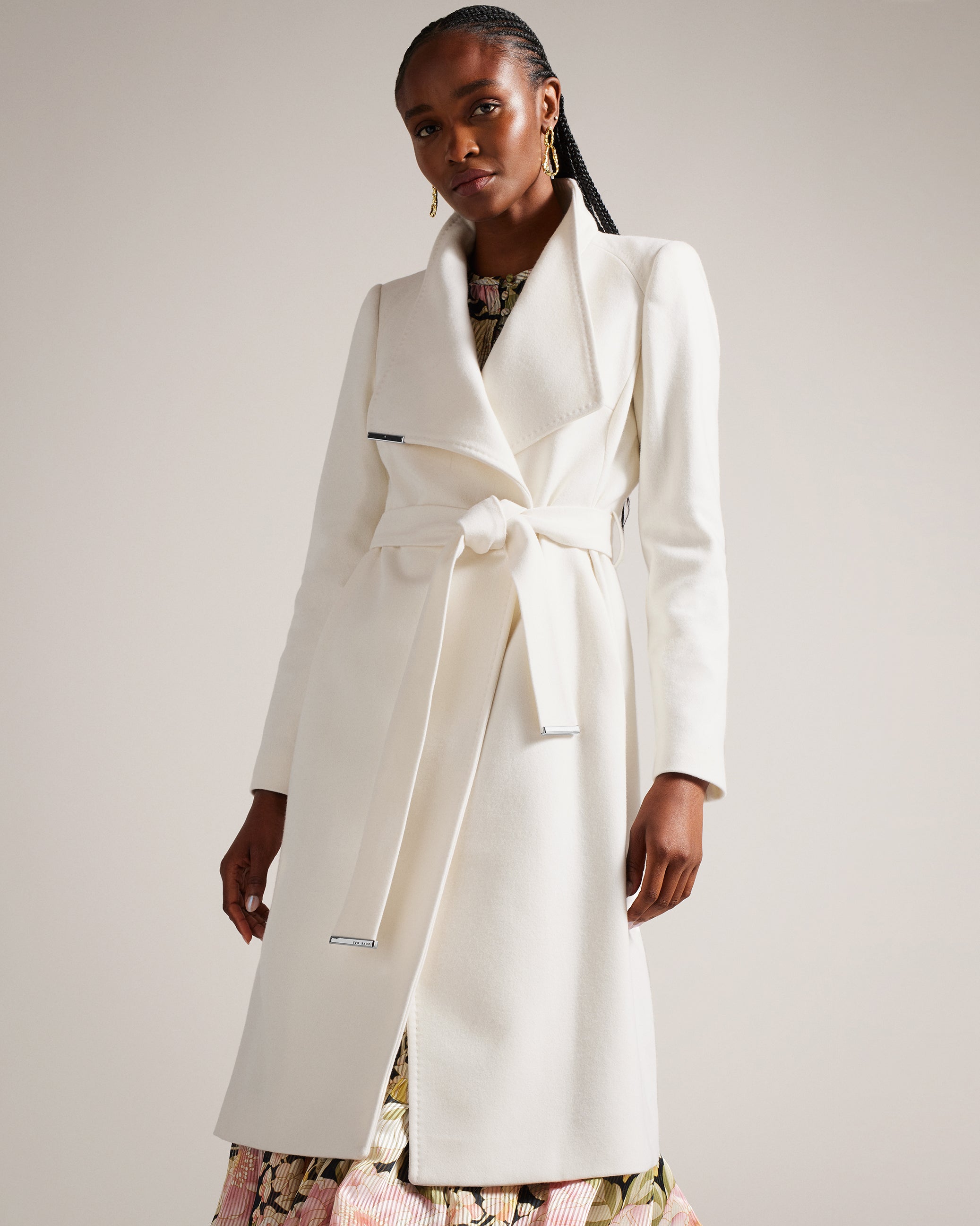 Rose Midi Length Belted Wool Wrap Coat Ivory