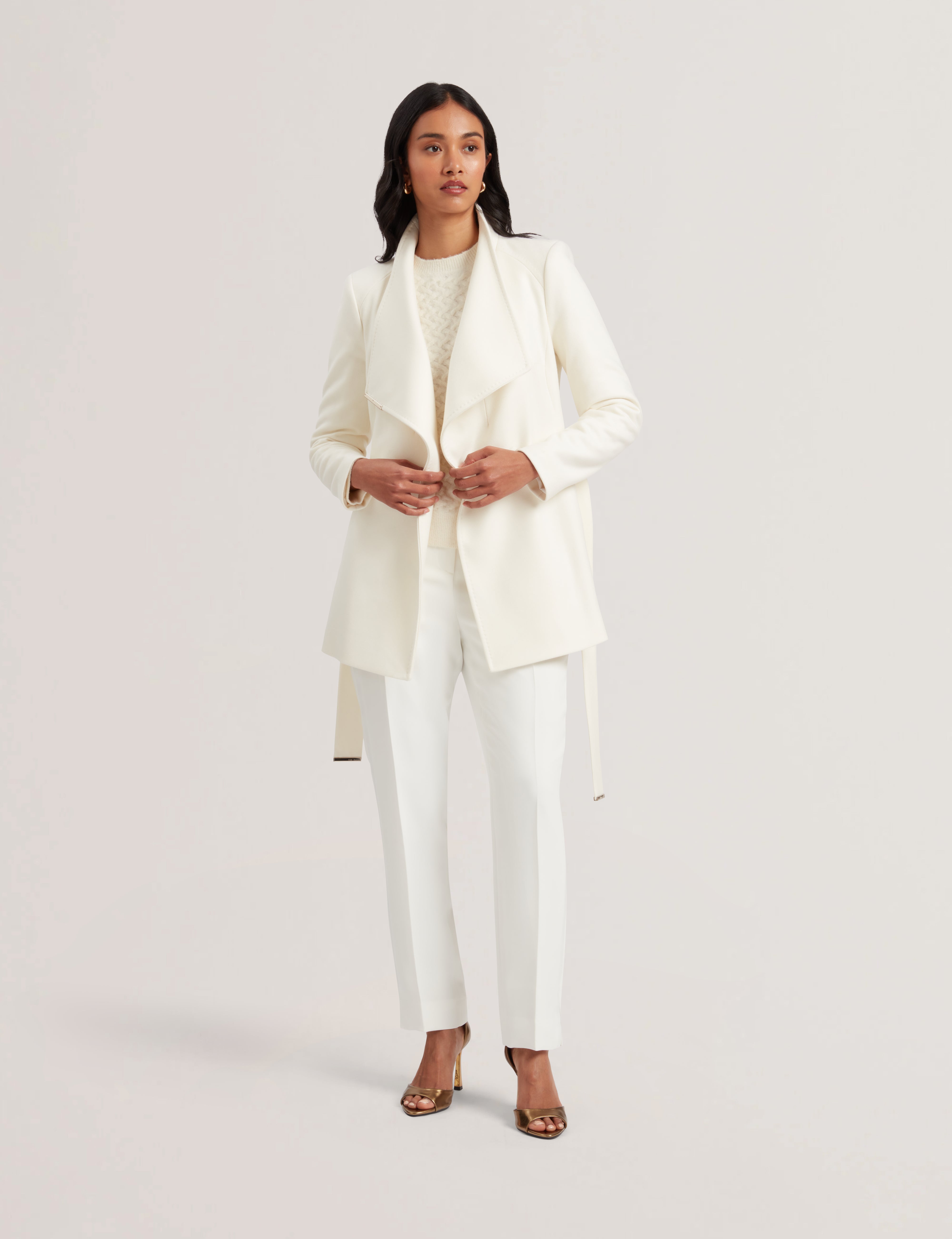 Rosess Short Belted Wool Wrap Coat Ivory