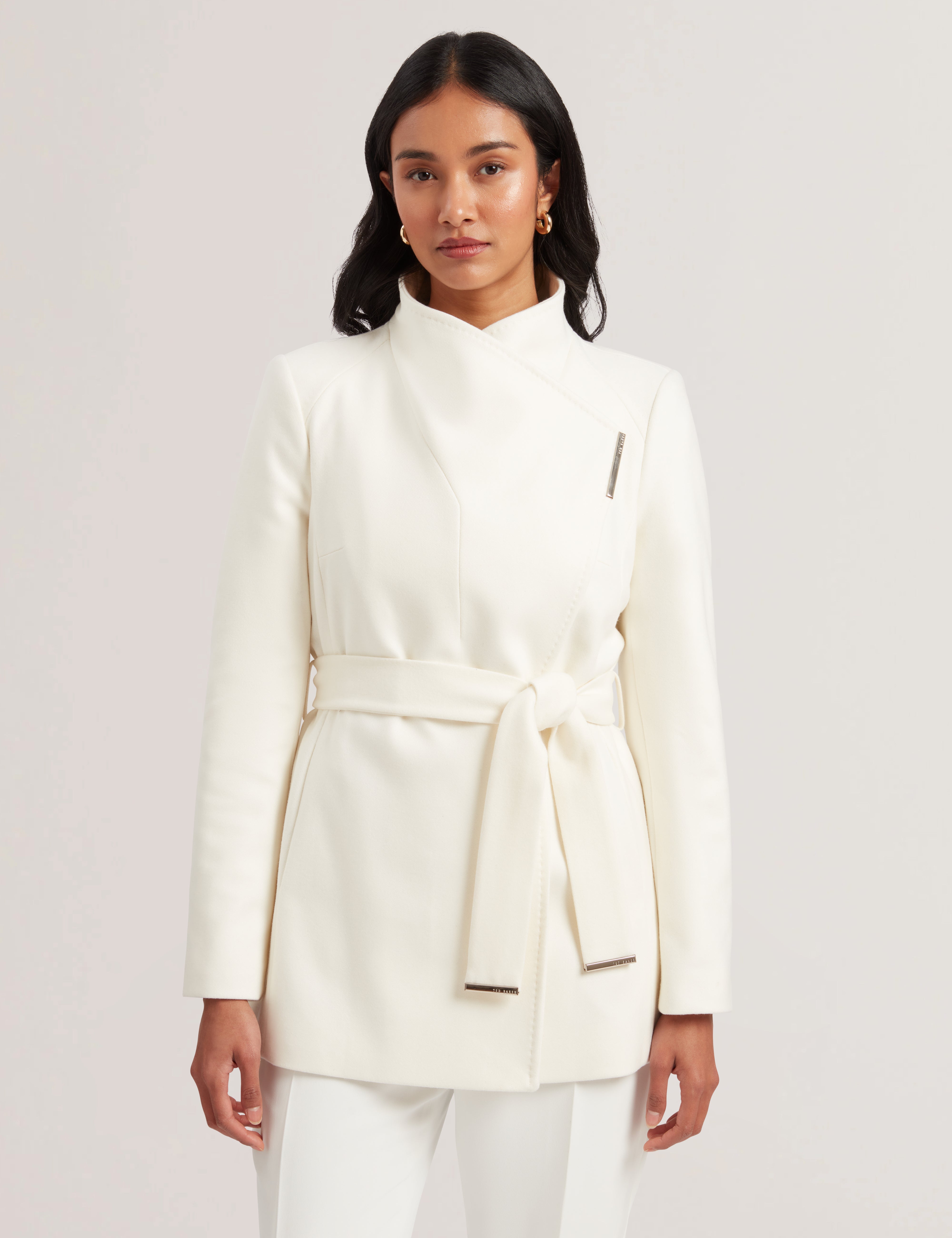 Rosess Short Belted Wool Wrap Coat Ivory