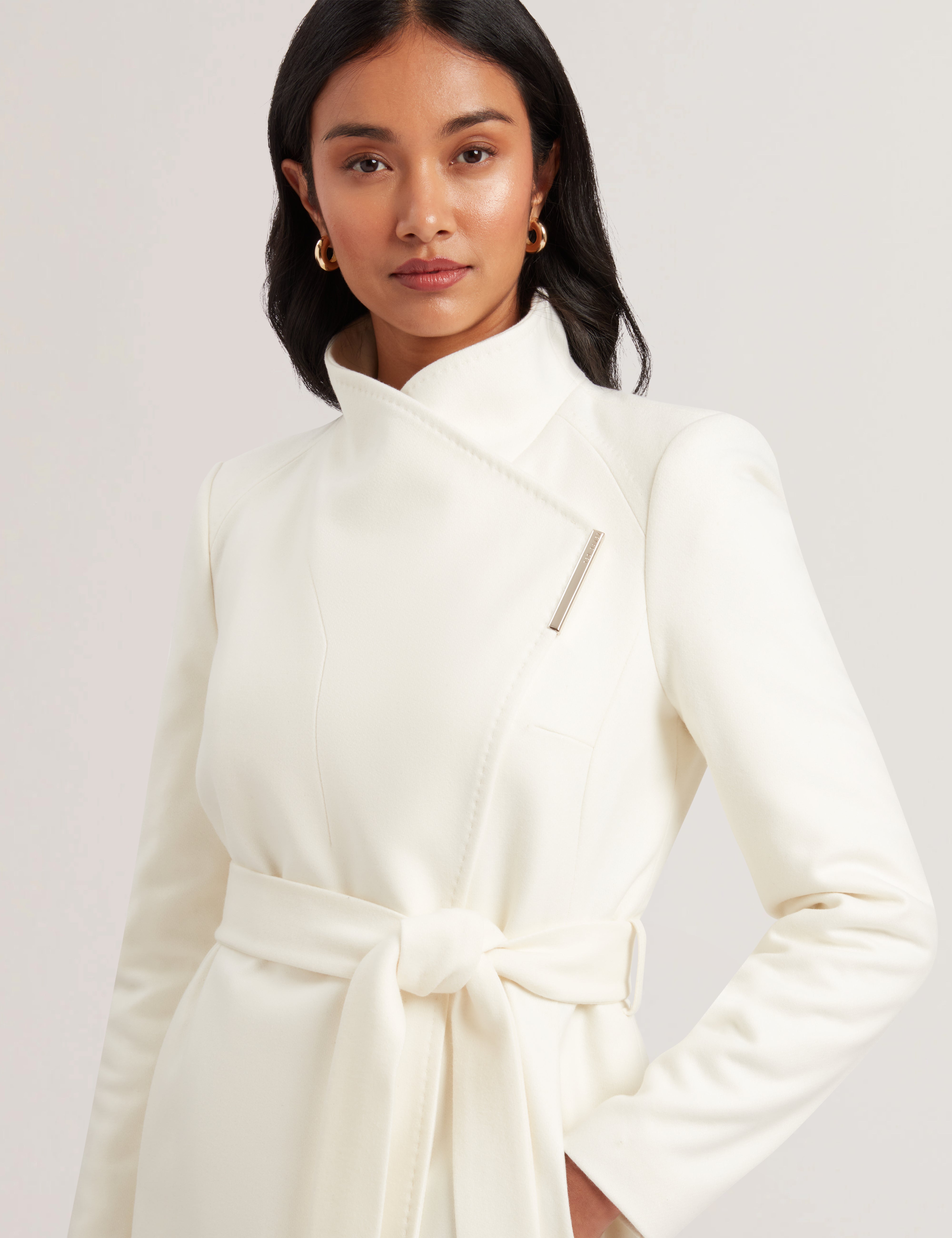 Rosess Short Belted Wool Wrap Coat Ivory