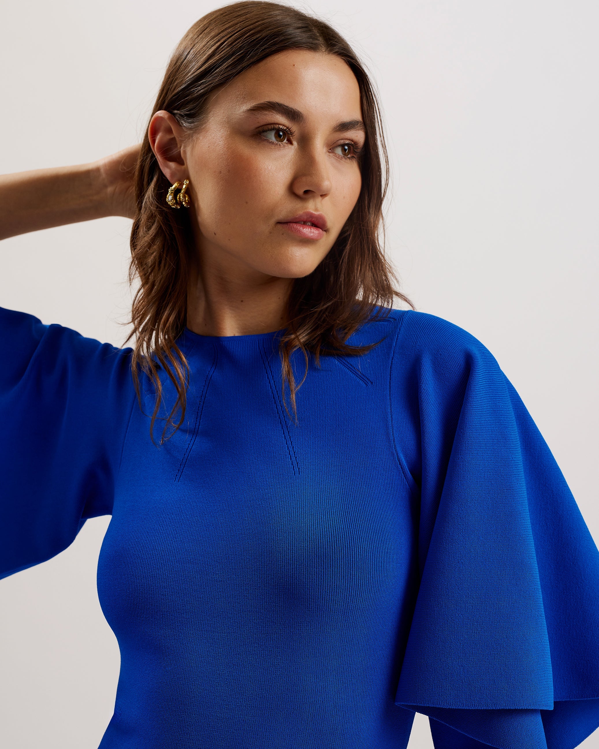 Lounia Fluted Sleeve Knitted Bodycon Midi Dress Mid-Blue