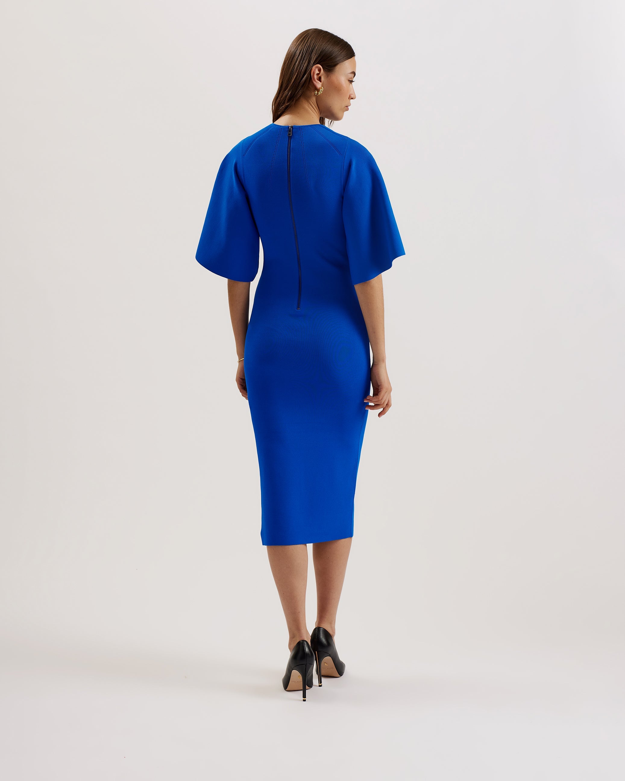 Lounia Fluted Sleeve Knitted Bodycon Midi Dress Mid-Blue