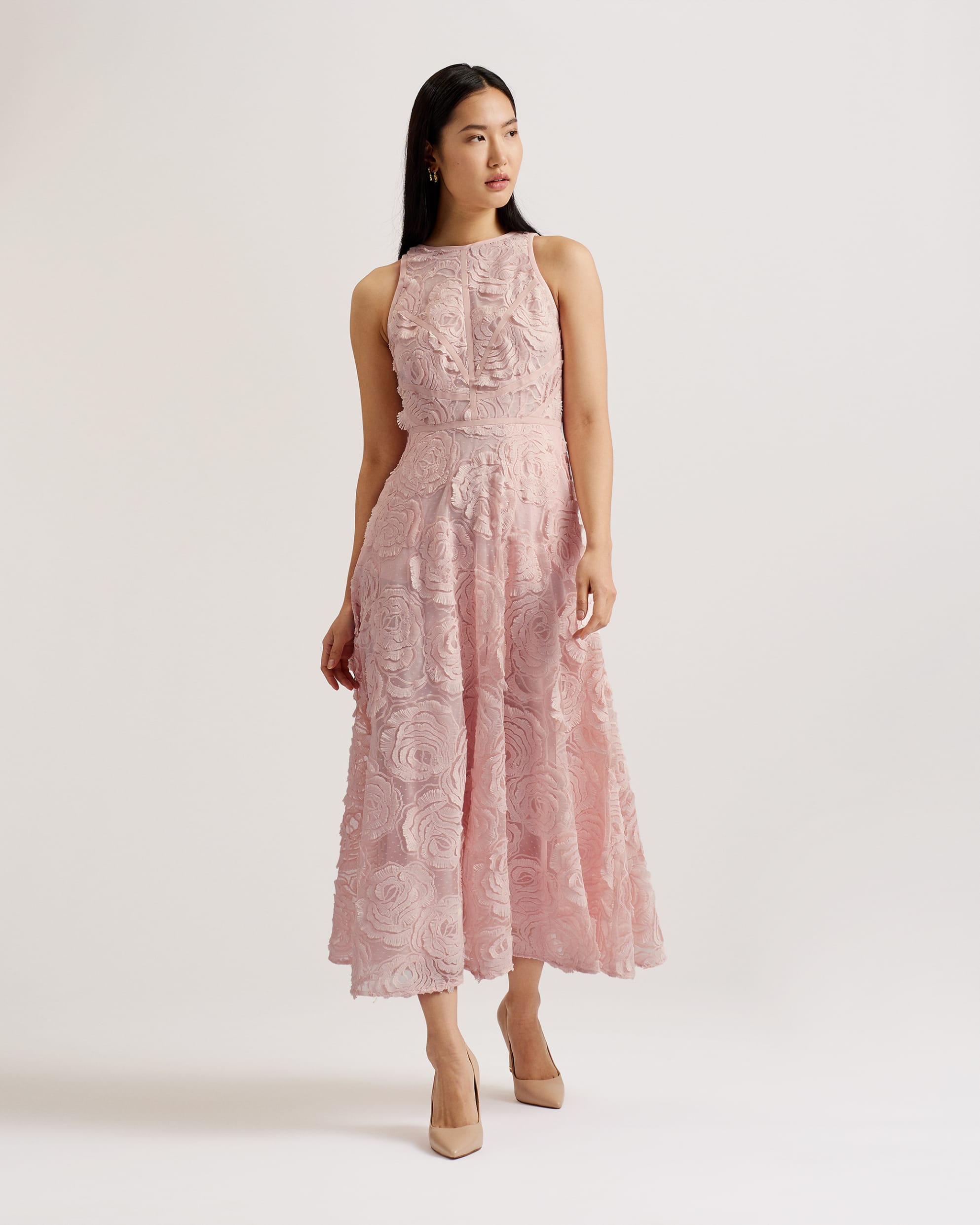 Ullaa Sleeveless Midaxi Dress With Rose Texture Lt-Pink