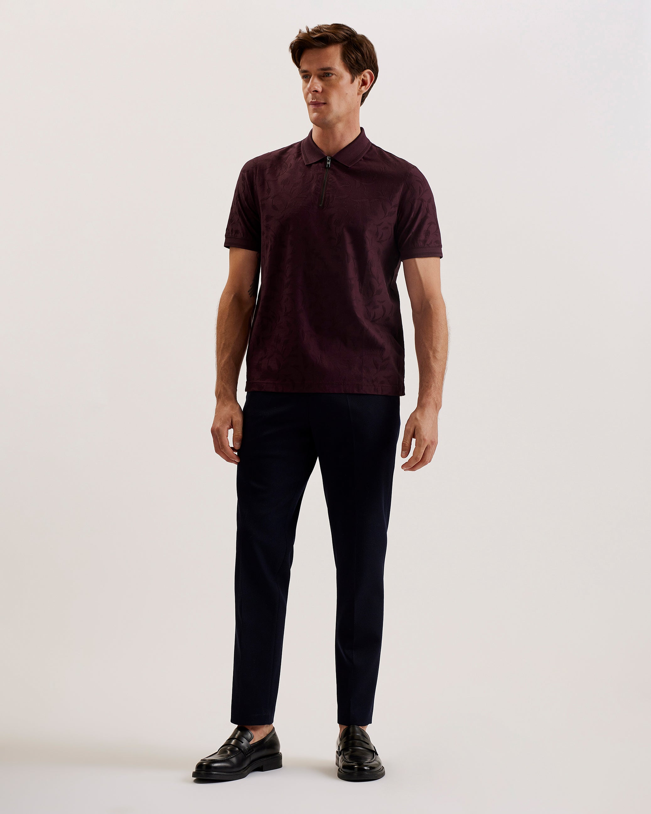 Polenn Short Sleeve Regular Textured Half-Zip Polo Maroon