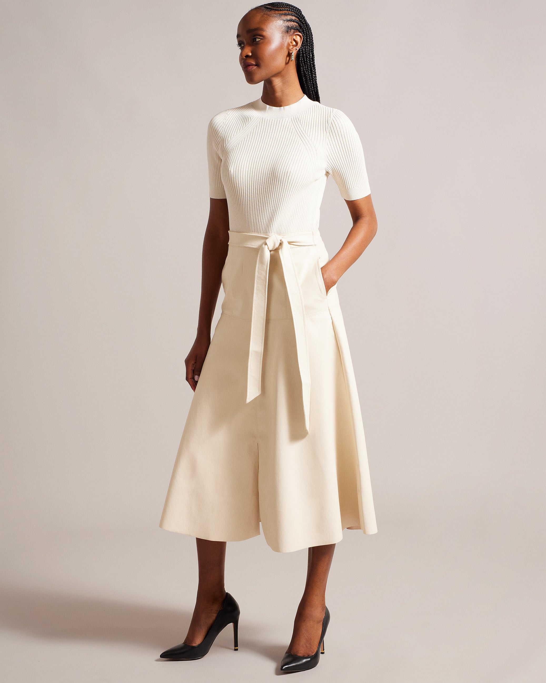 Matiar Knit And Faux Leather Midi Dress Ivory