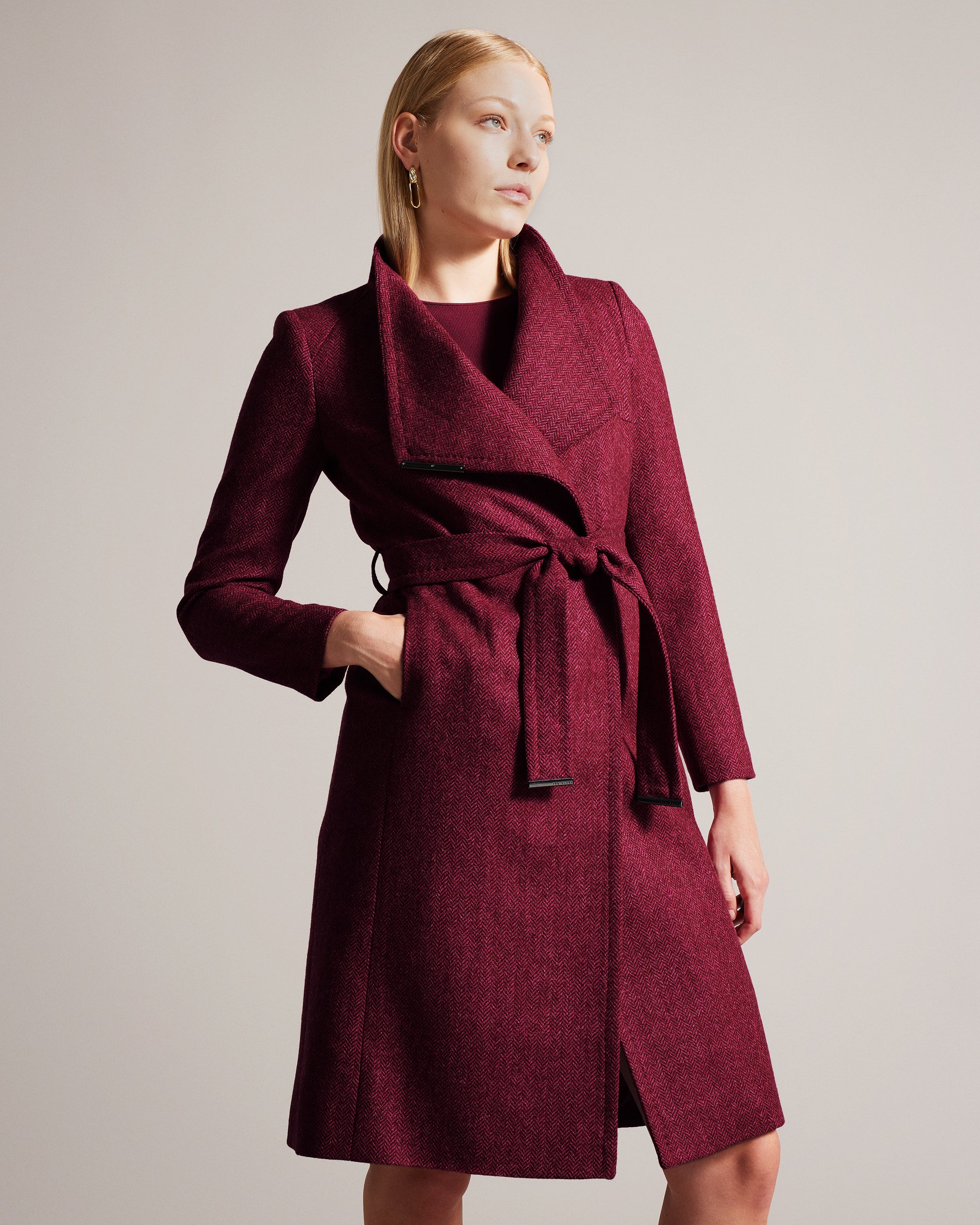 Roseane Herringbone Wool Wrap Coat Brt-Pink
