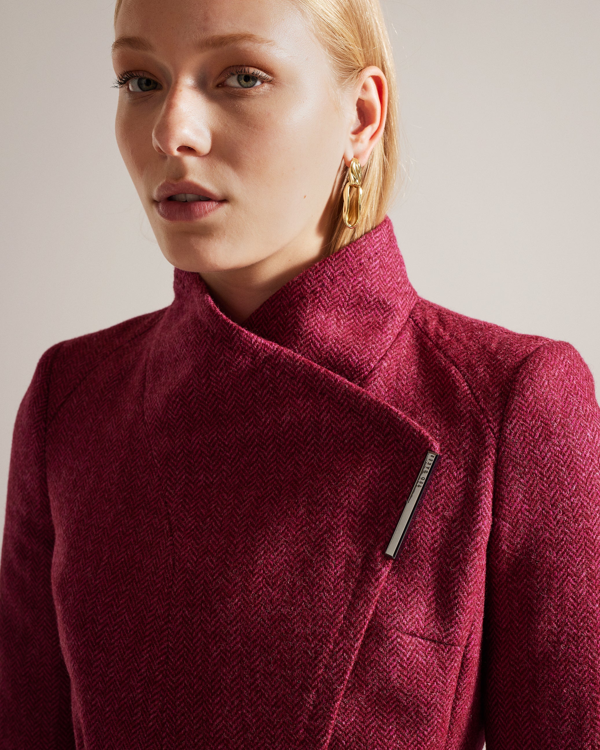 Roseane Herringbone Wool Wrap Coat Brt-Pink