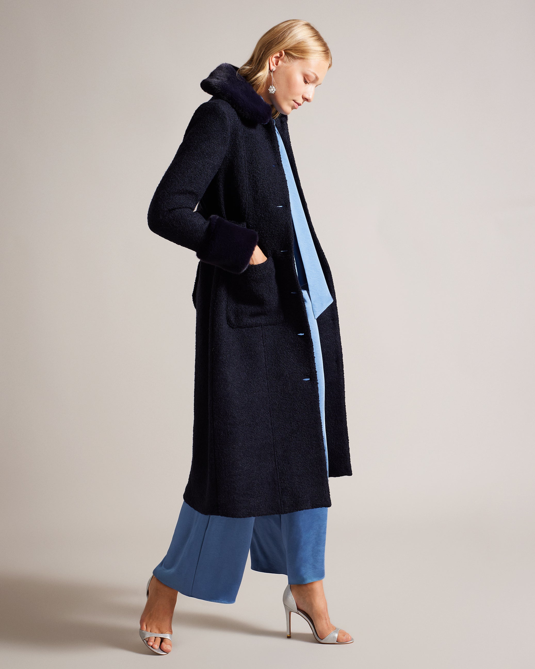 Lyddiia Longline Wool Blend Coat With Faux Fur Dk-Blue