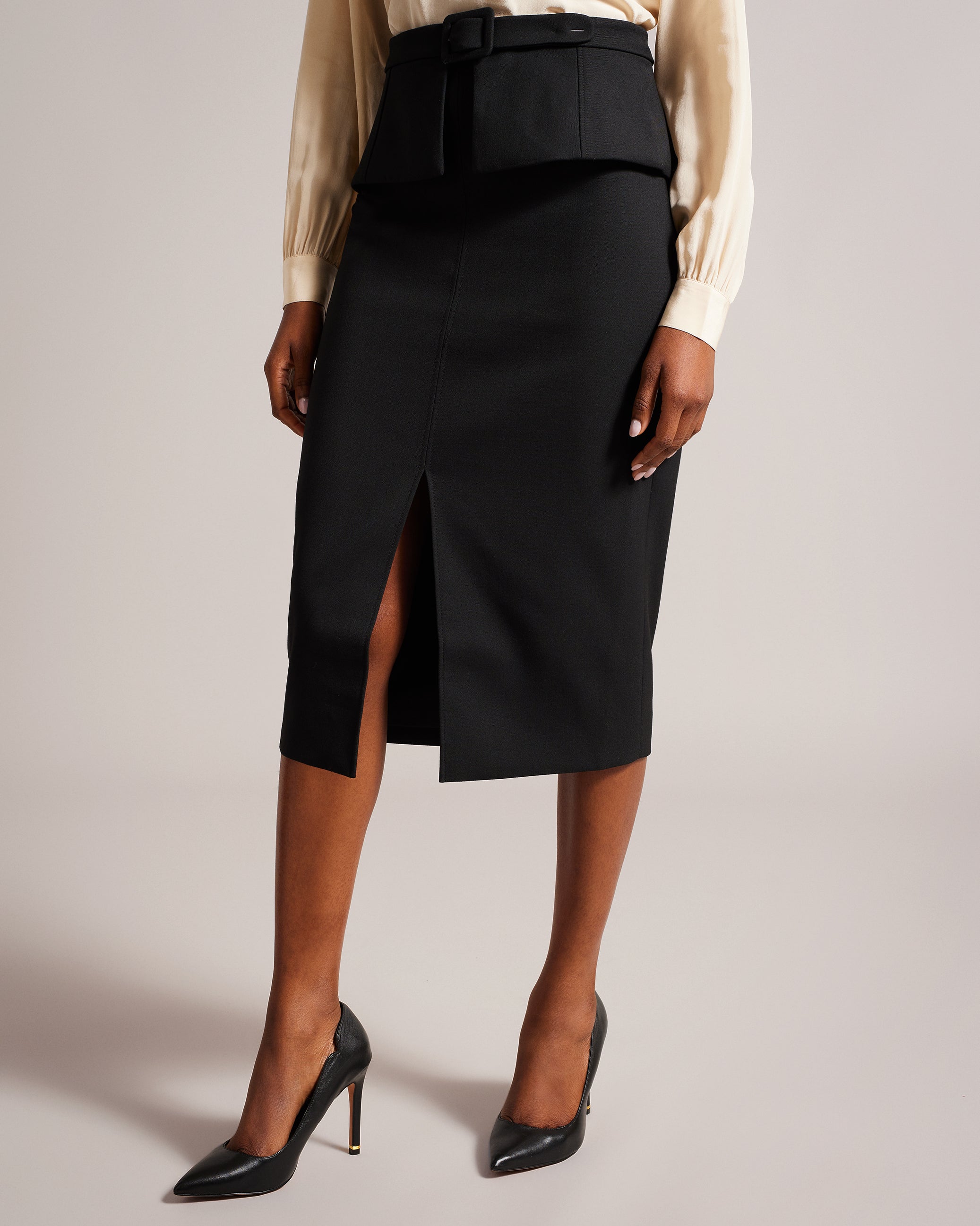 Floreei Slimline Midi Skirt With Peplum Black